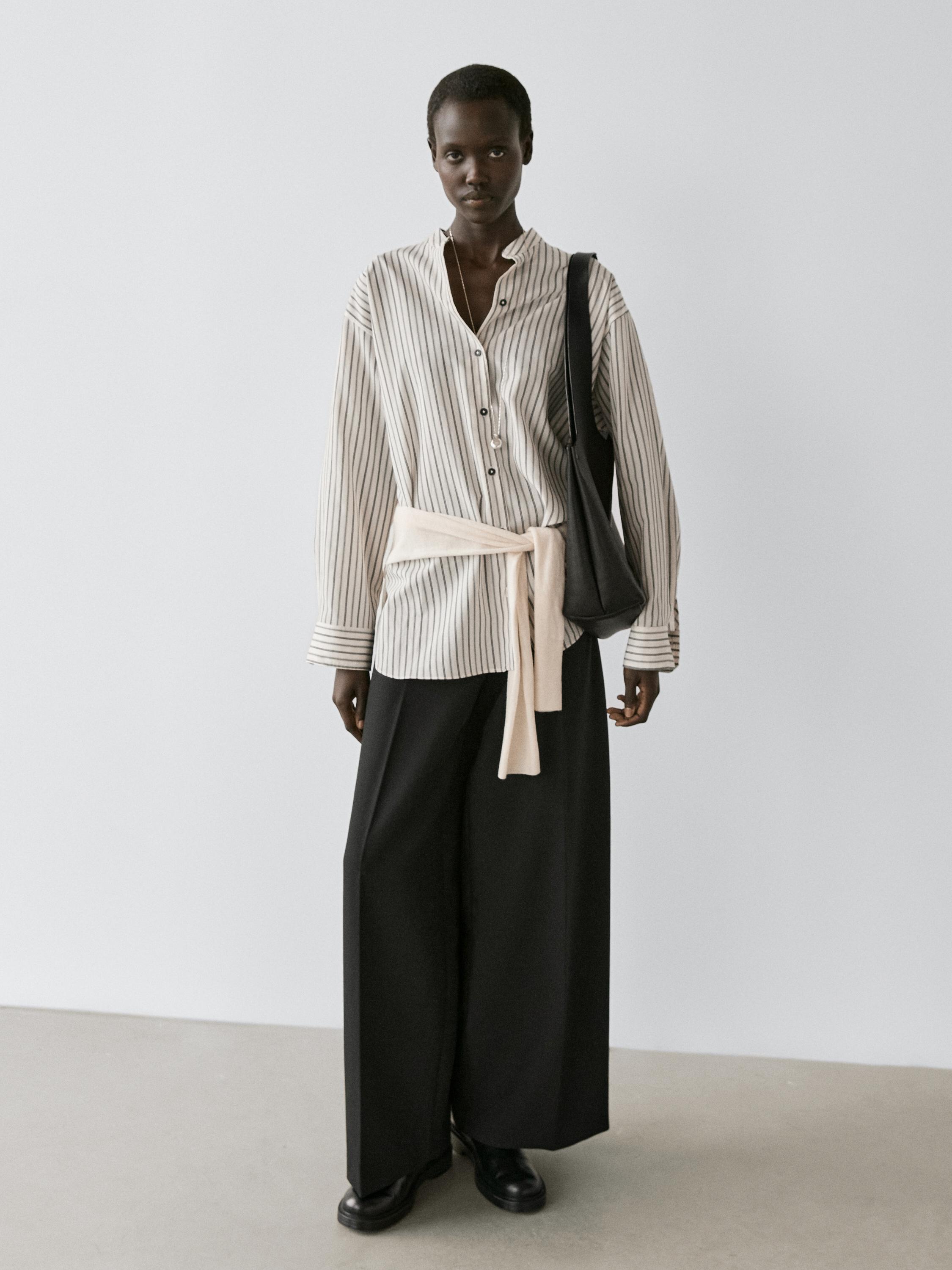 Striped flowing shirt with stand collar — Off white