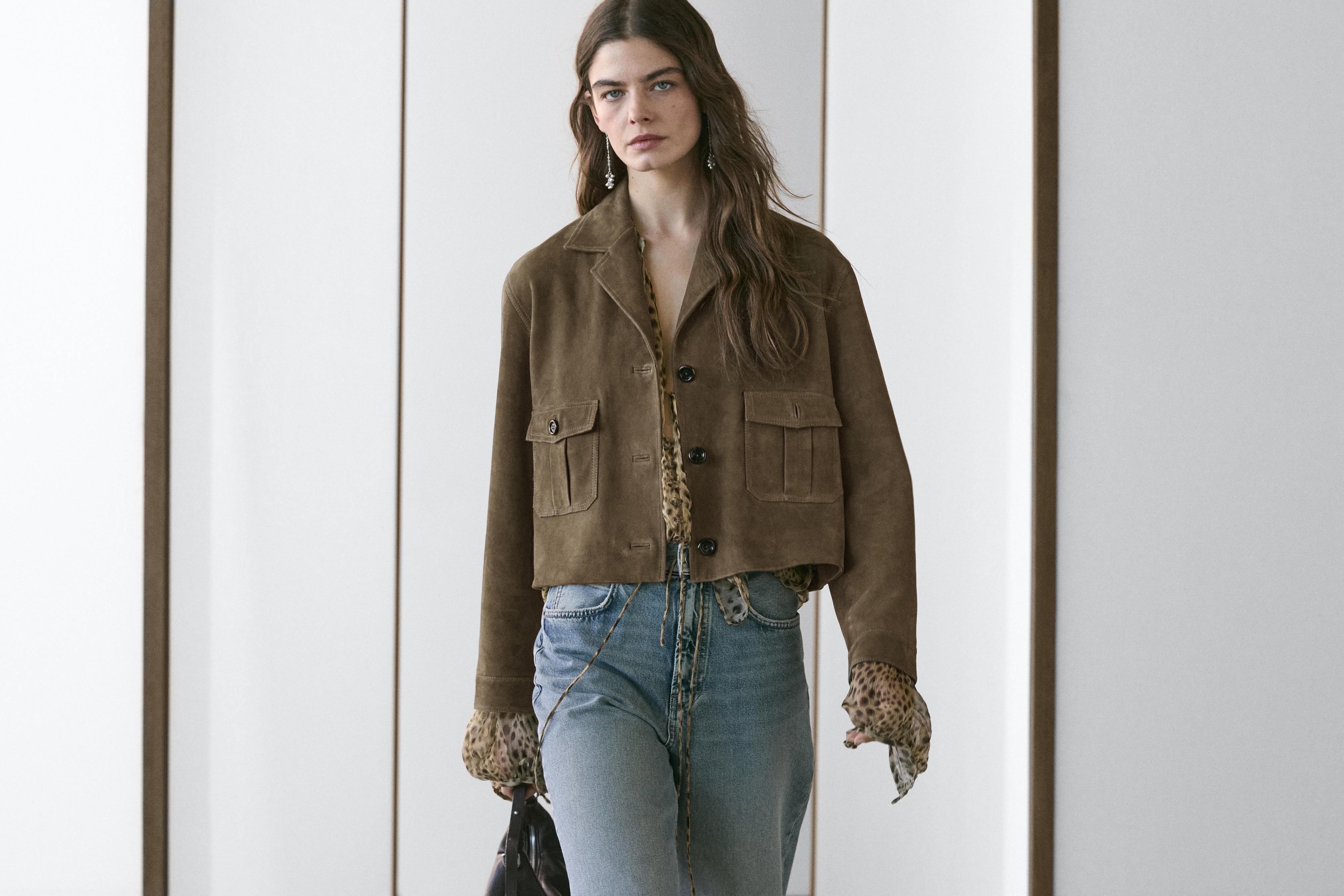 Short suede leather jacket — KHAKI