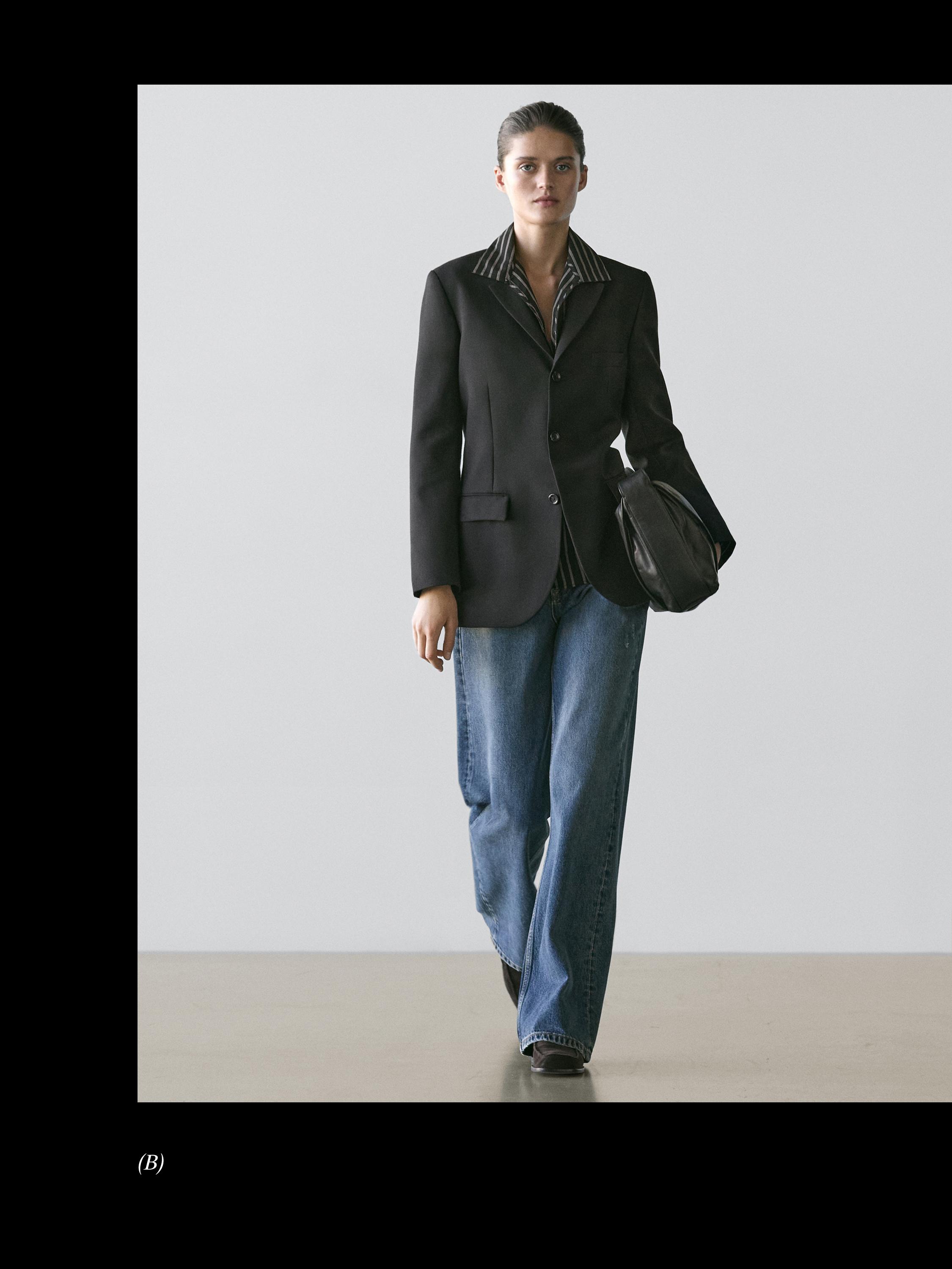 100% wool three-button blazer — BLACK