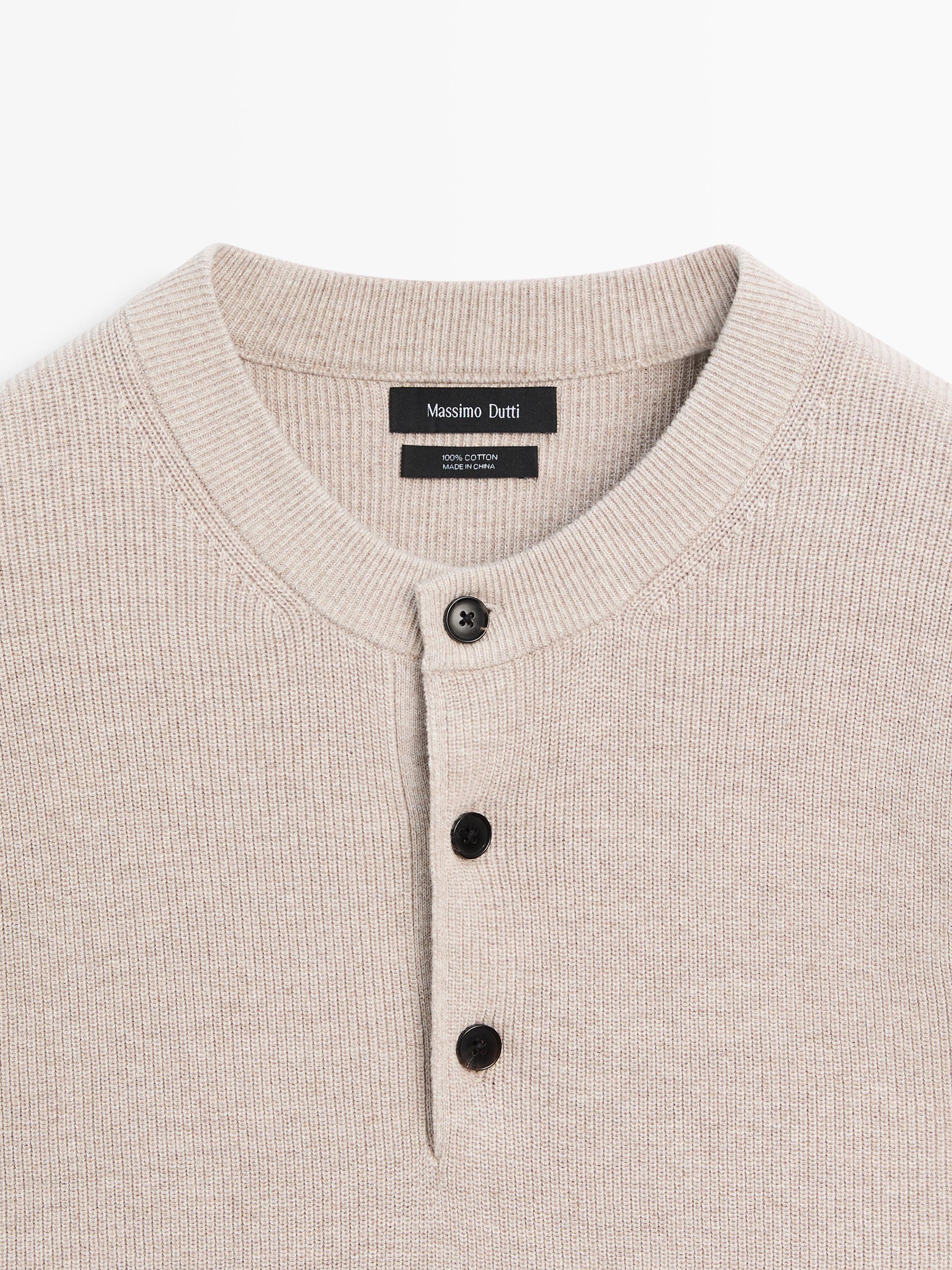 100% cotton knit henley sweater — BEIGE