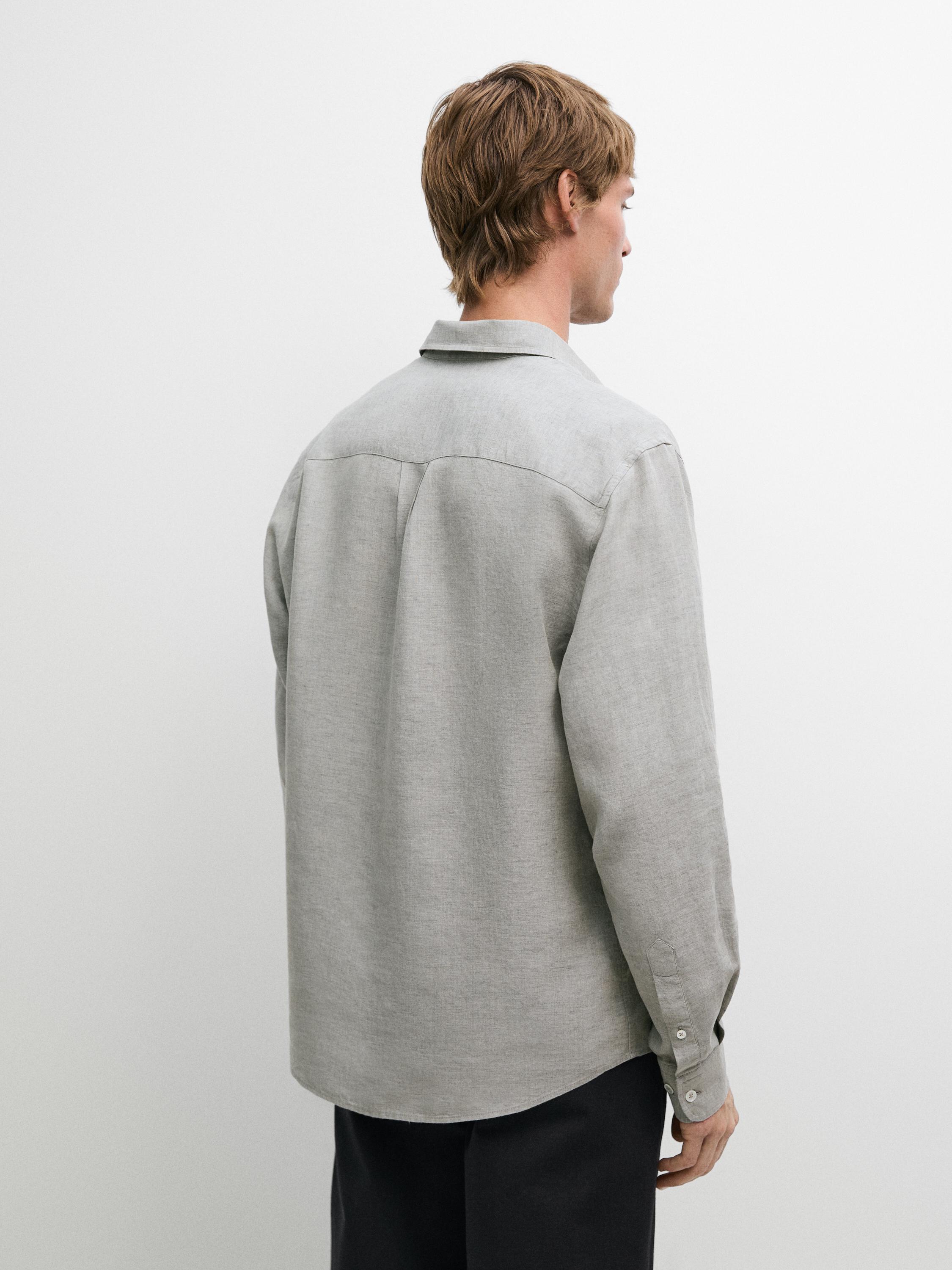 100% linen regular fit shirt with pocket — GREY
