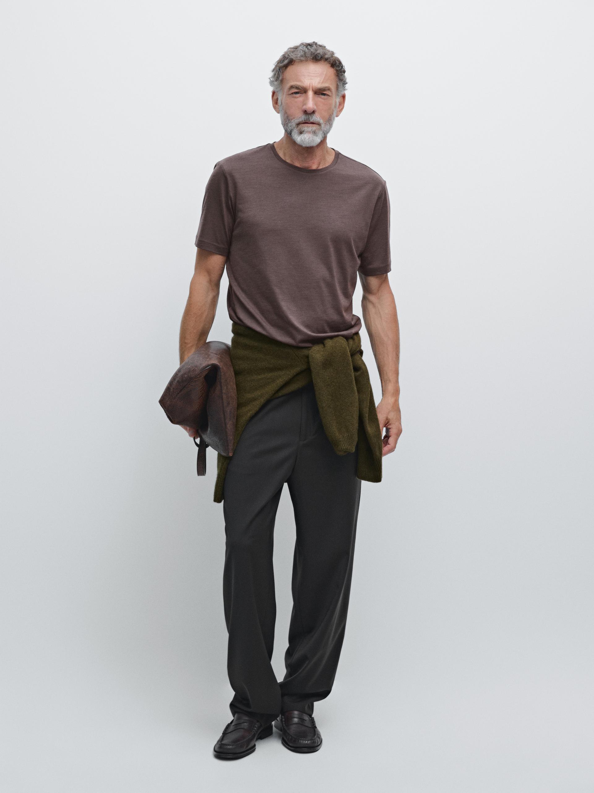 T-Shirt À Manches Courtes En Laine Mélangée - Chocolat - S - Massimo Dutti - Homme
