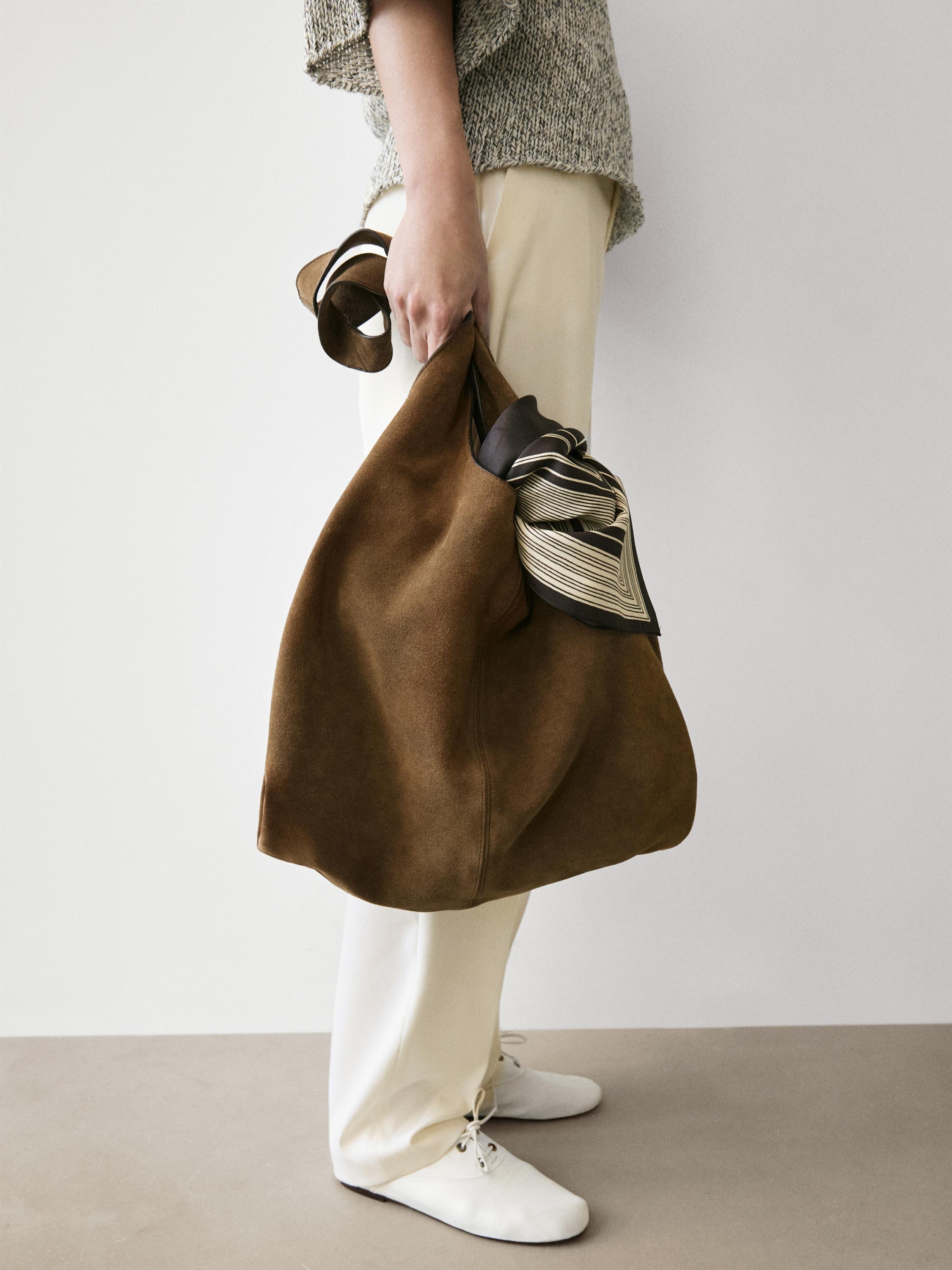 Split leather maxi tote bag — ECRU