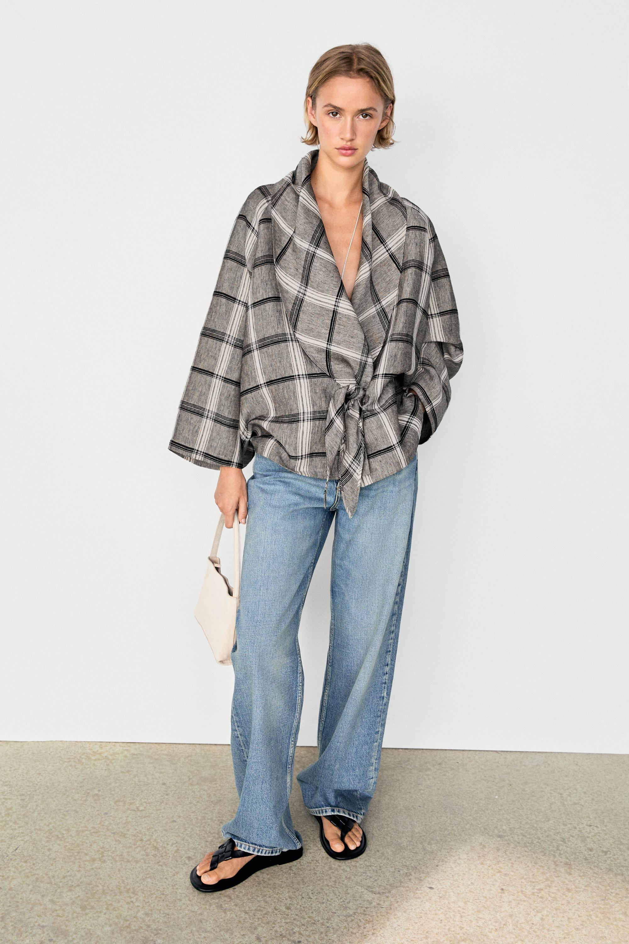 Check tie-detail overshirt — MEDIUM GREY