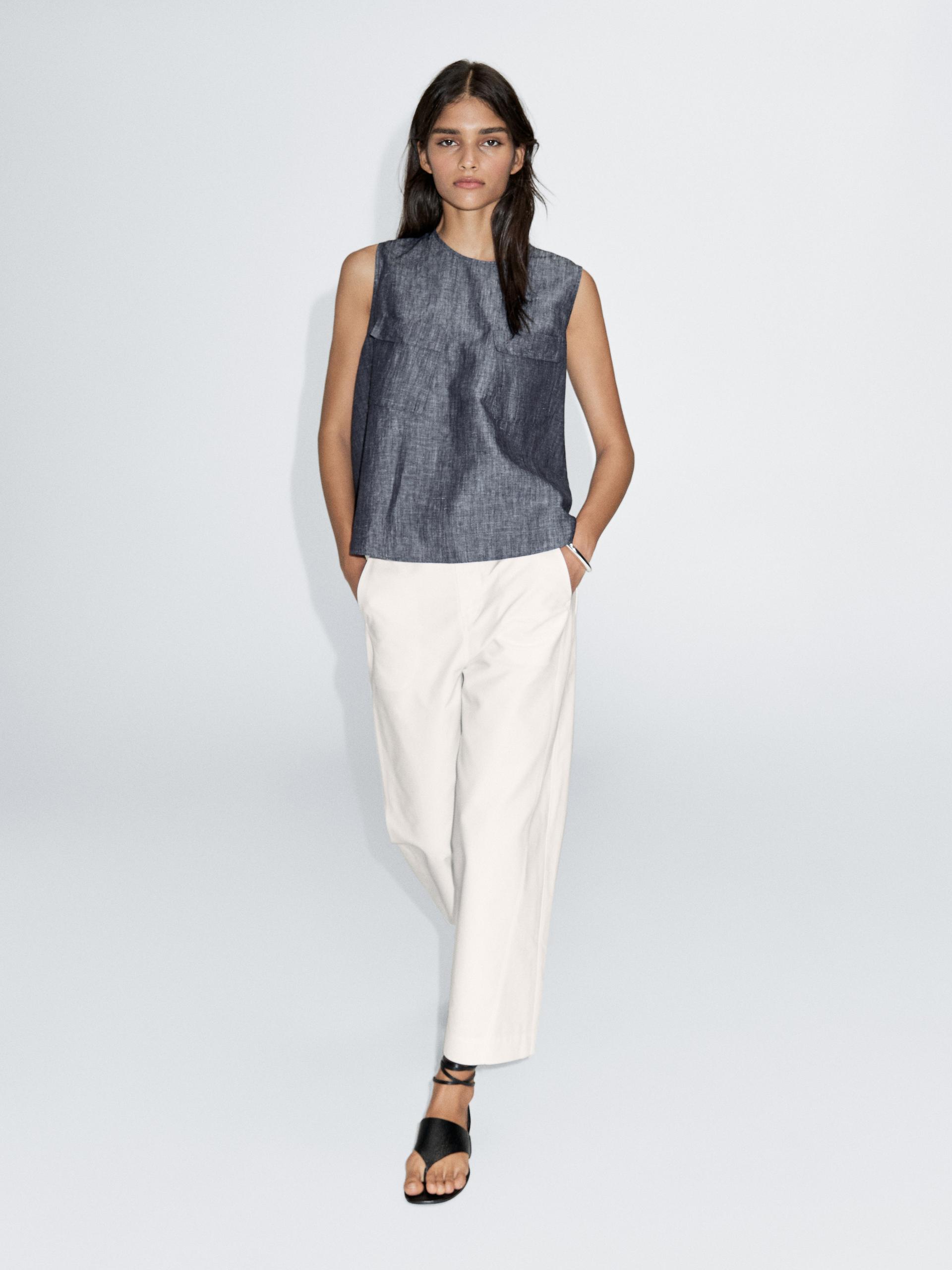 Massimo Dutti Cotton And Linen Denim Blouse With Pockets In Multi