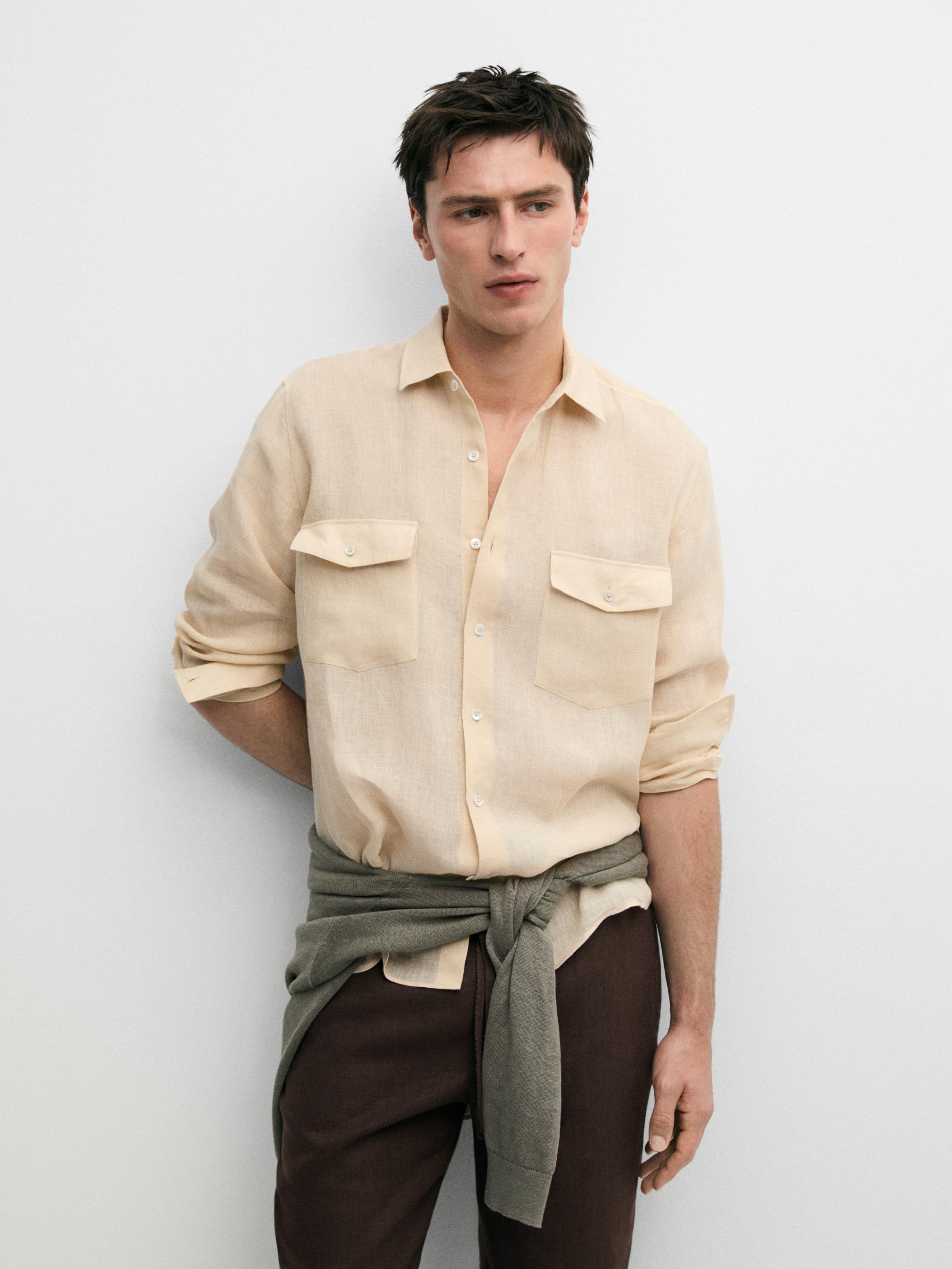 Camisa detalle bolsillos 100% lino