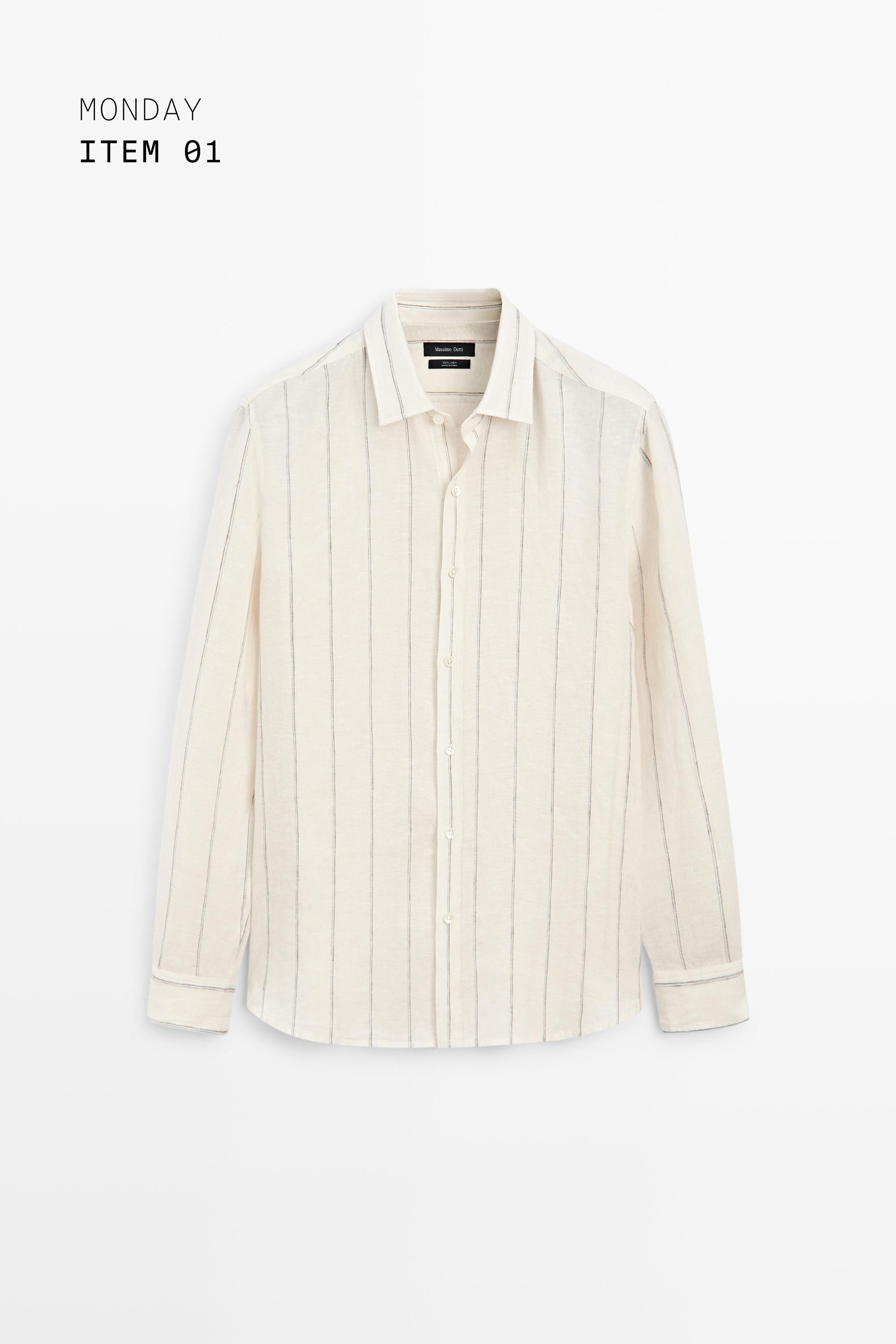 100% linen regular fit striped shirt — CREAM