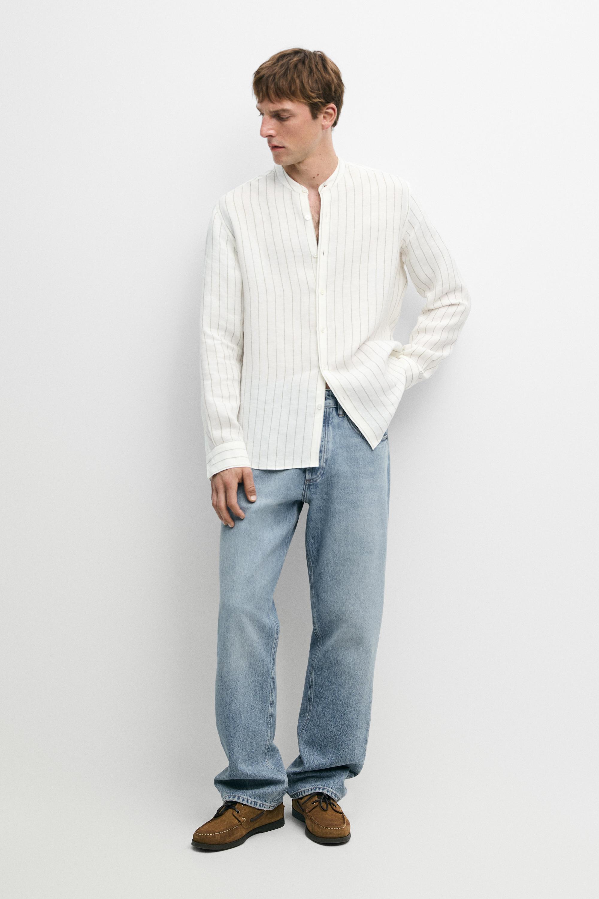 100% linen striped stand collar shirt