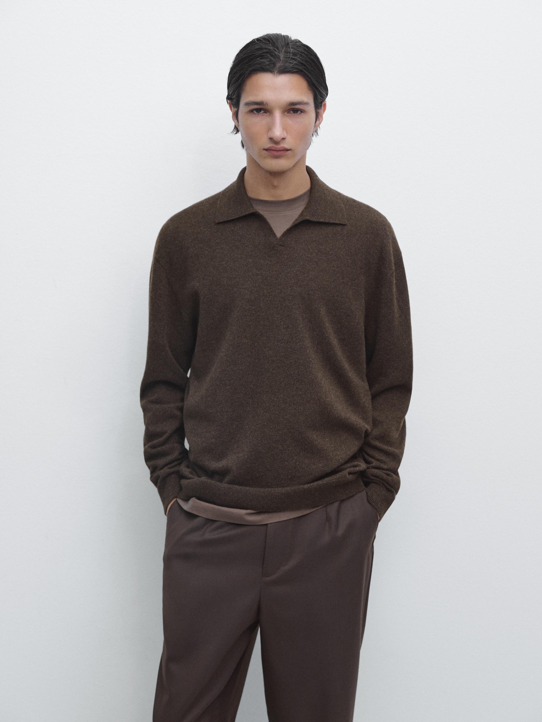 100% cashmere knit polo collar sweater — BROWN MARL
