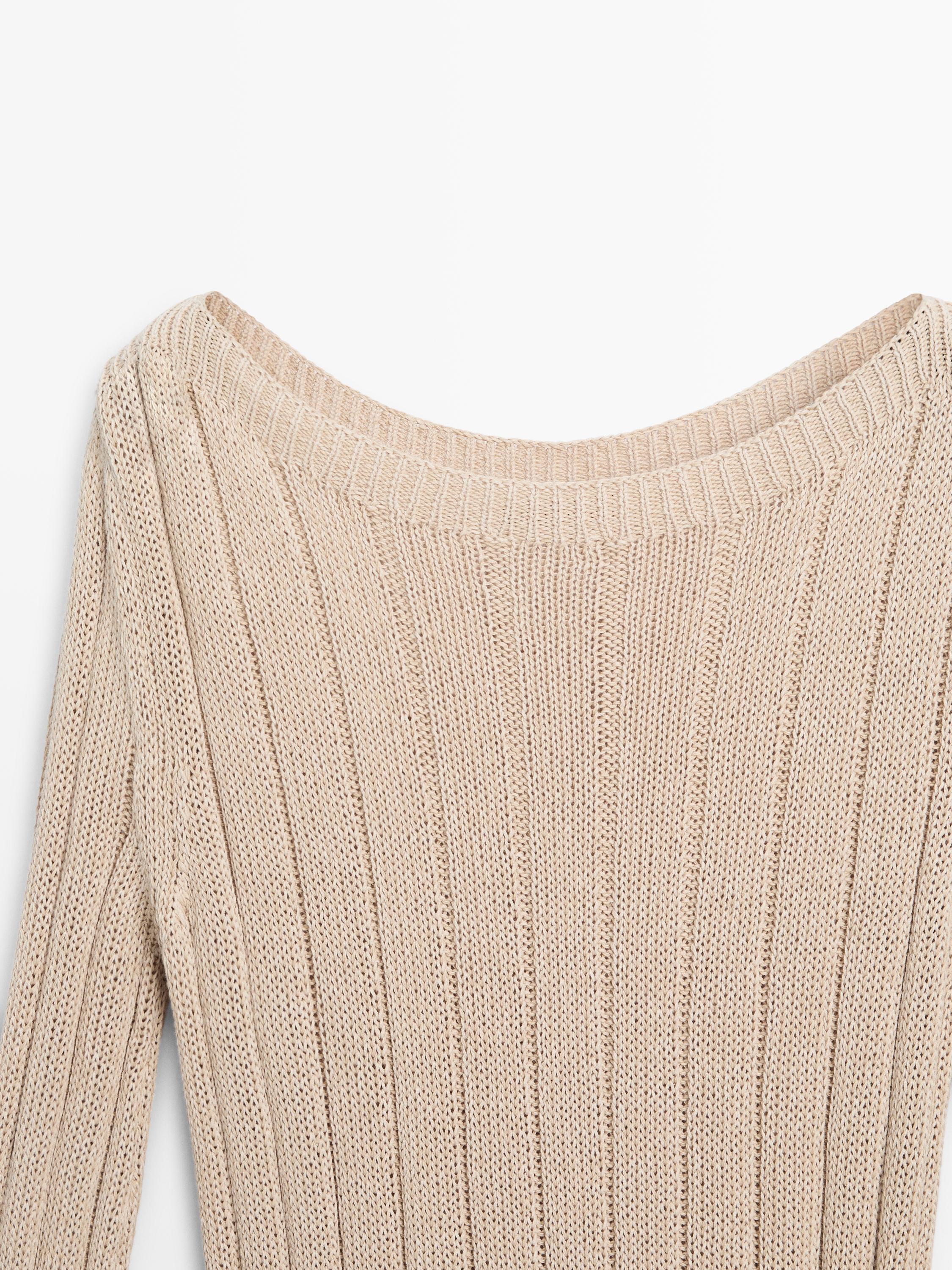 Cotton blend knit boat neck sweater — BEIGE