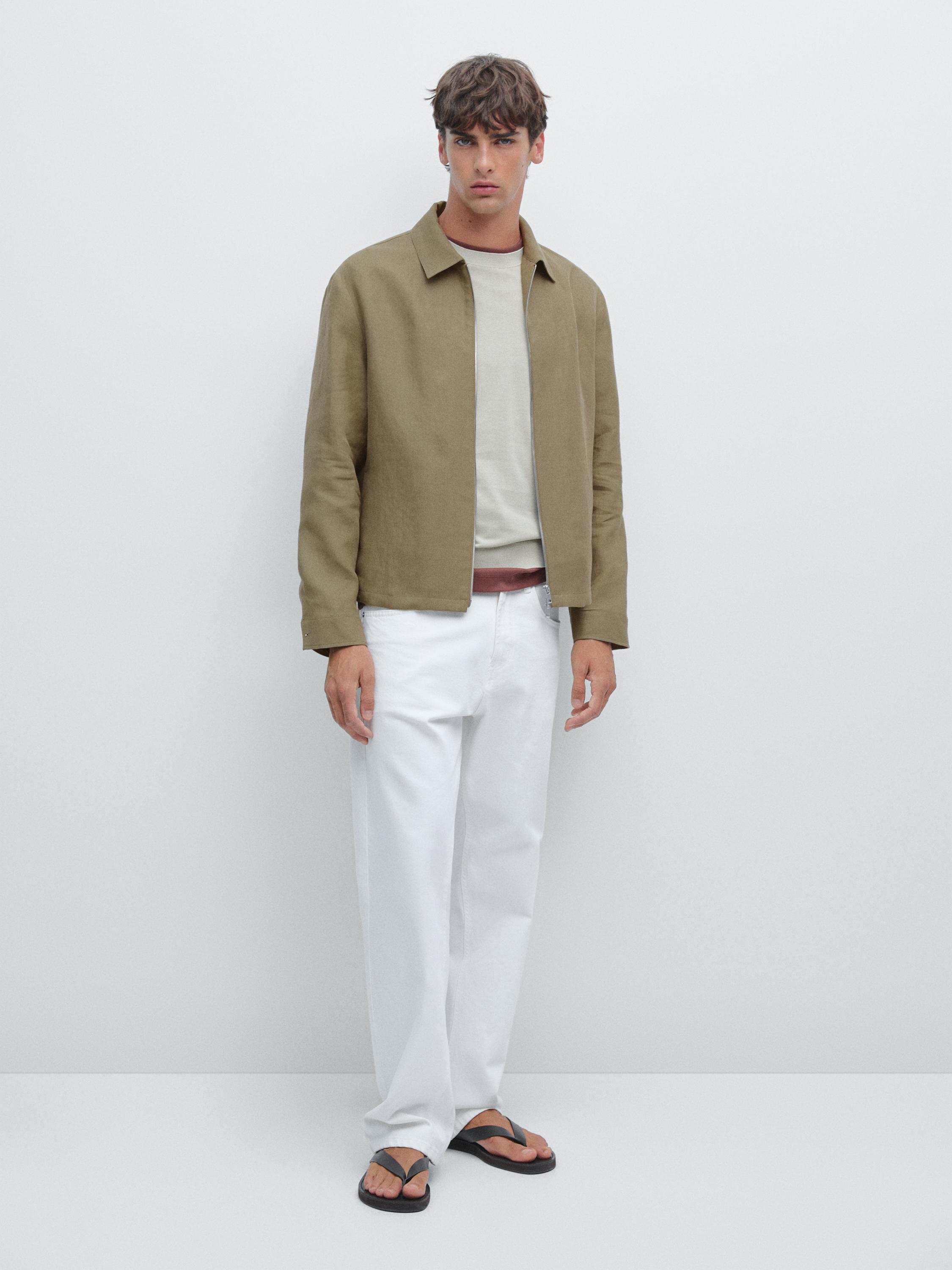 100% linen total look zip-up jacket