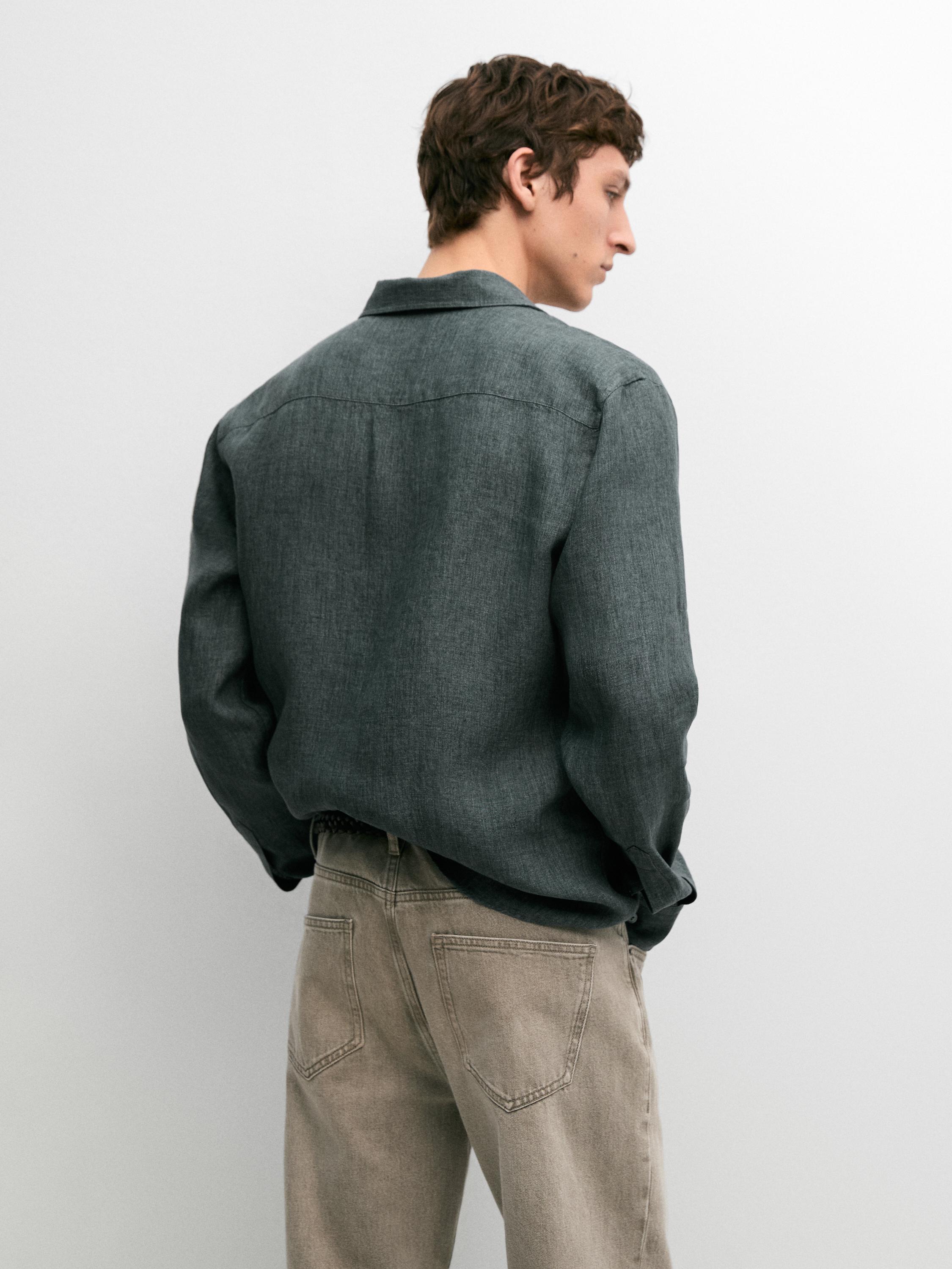 Regular fit linen shirt with placket — DARK BLUE