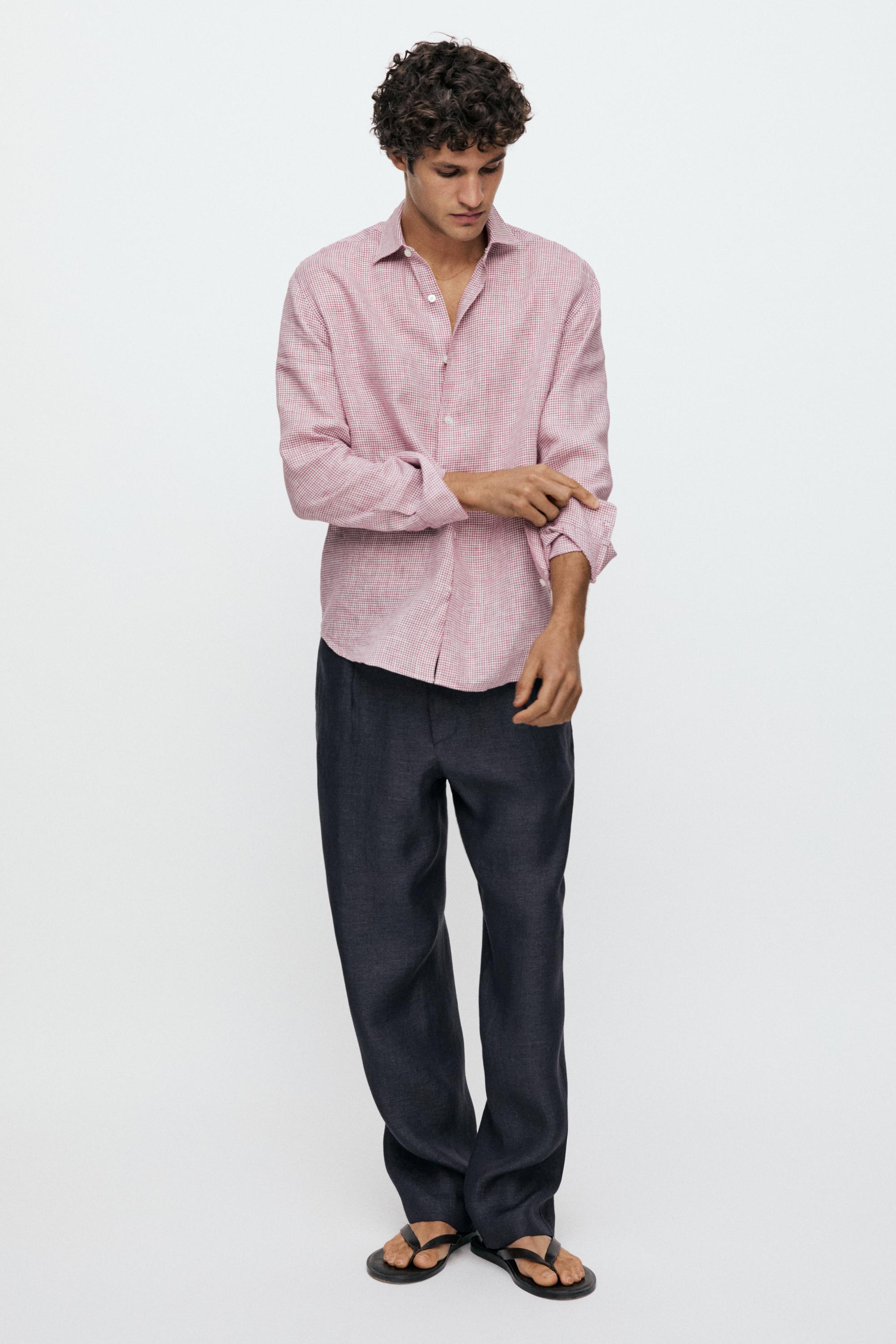 100% linen regular fit micro-checked shirt — BRIGHT RED