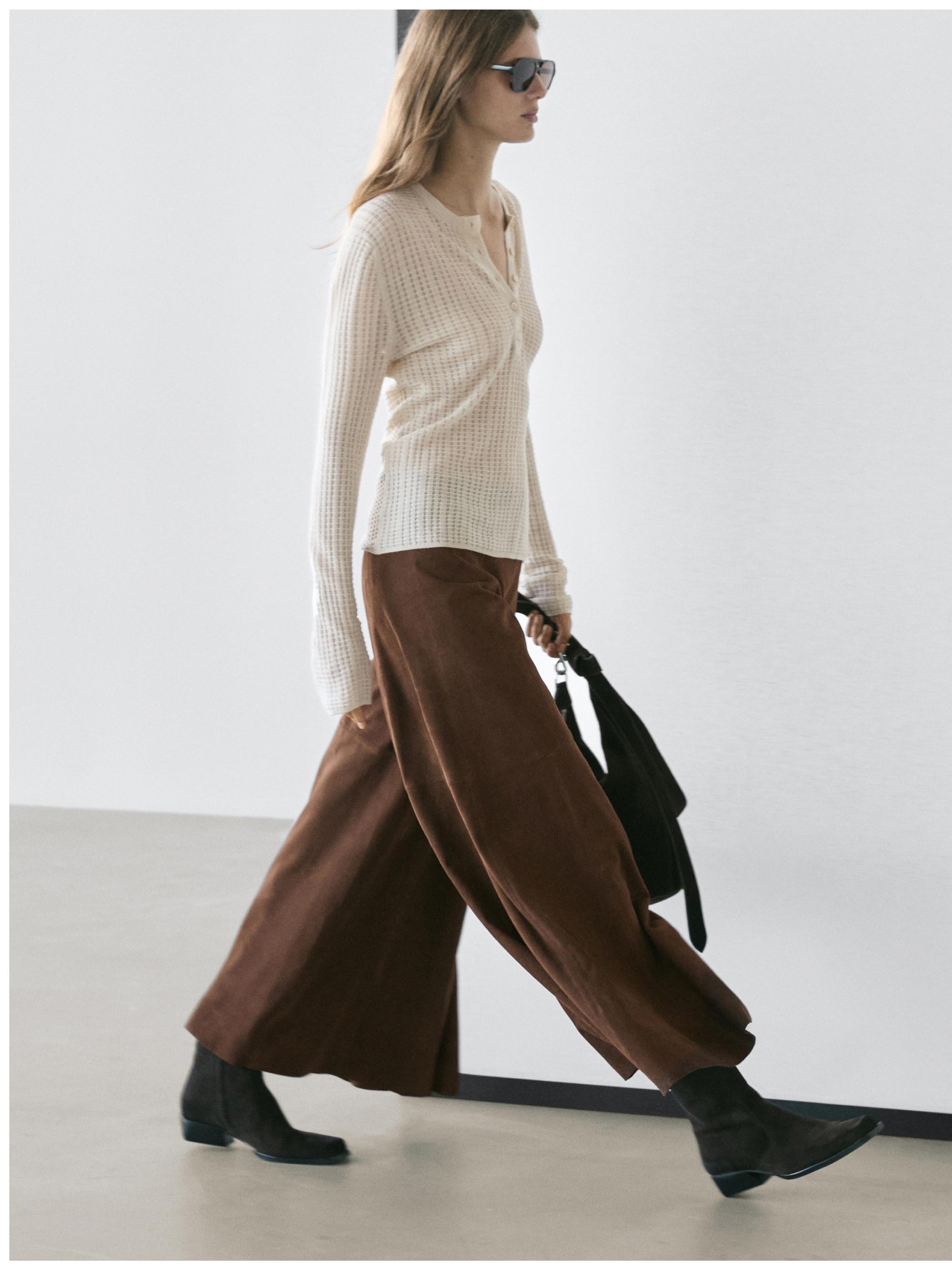 Suede leather flared trousers — BROWN