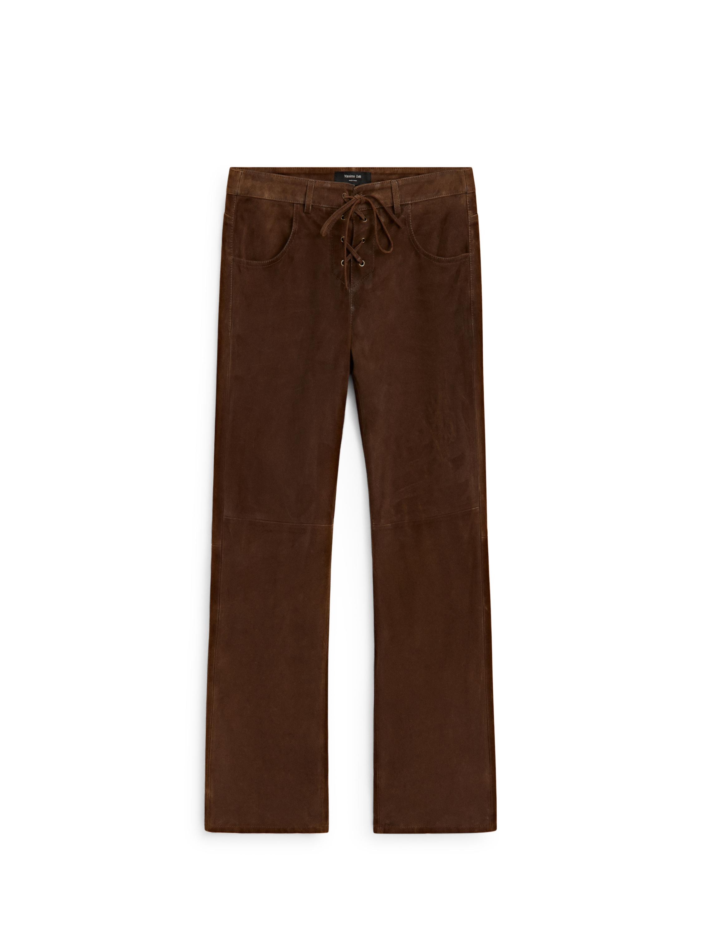 Cropped suede leather trousers with drawstrings — BROWN