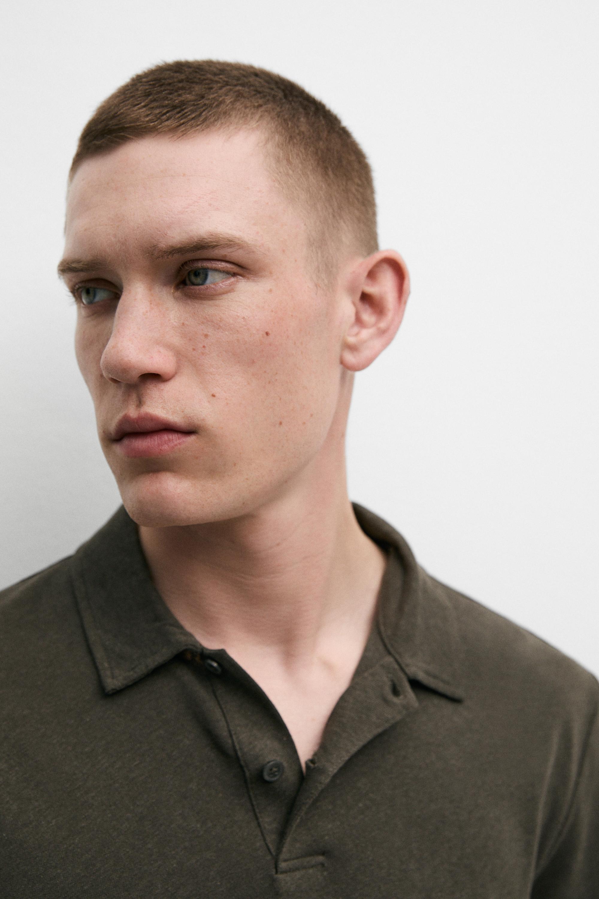 Linen and cotton short sleeve polo shirt — KHAKI