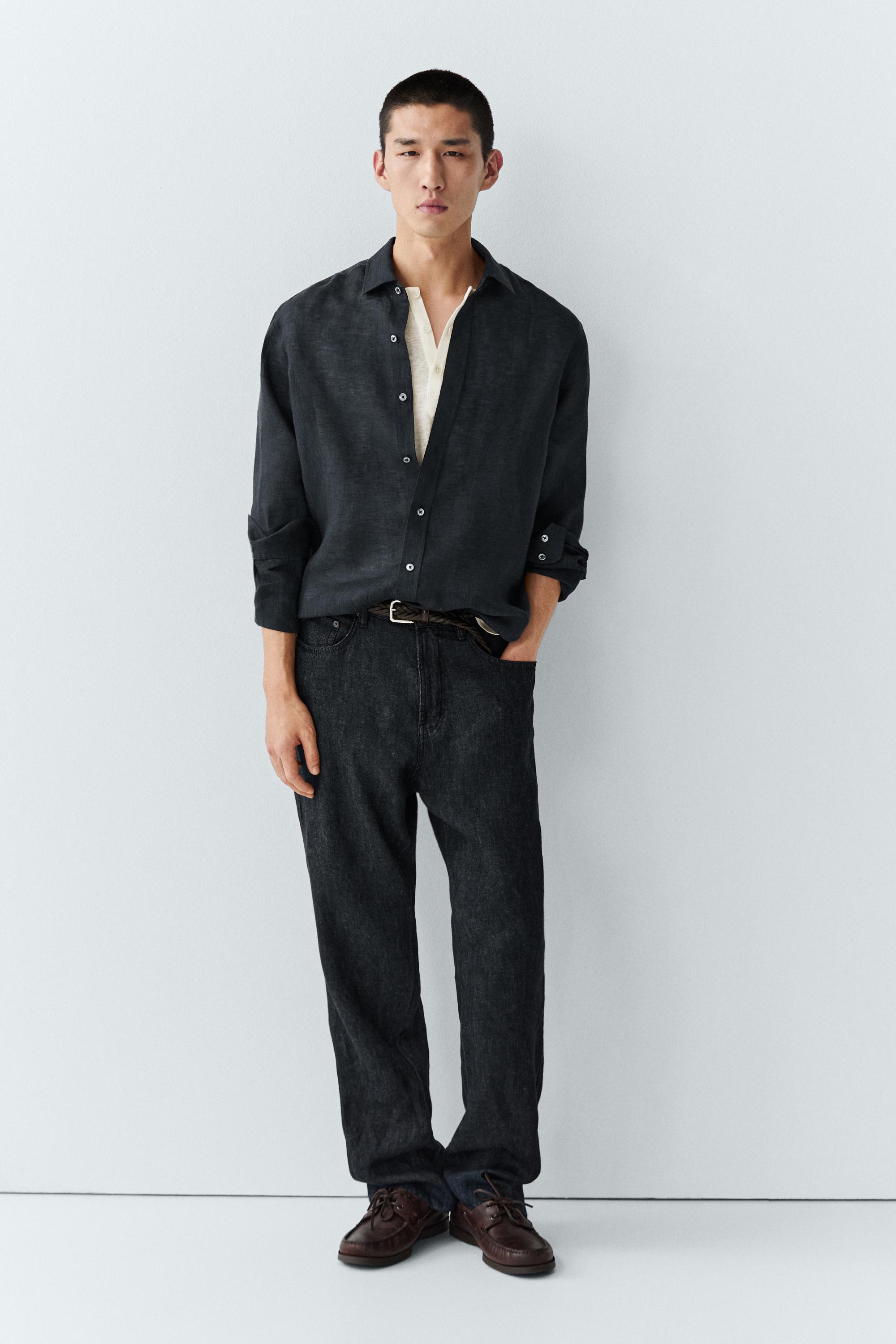 Regular fit 100% linen shirt — NAVY BLUE
