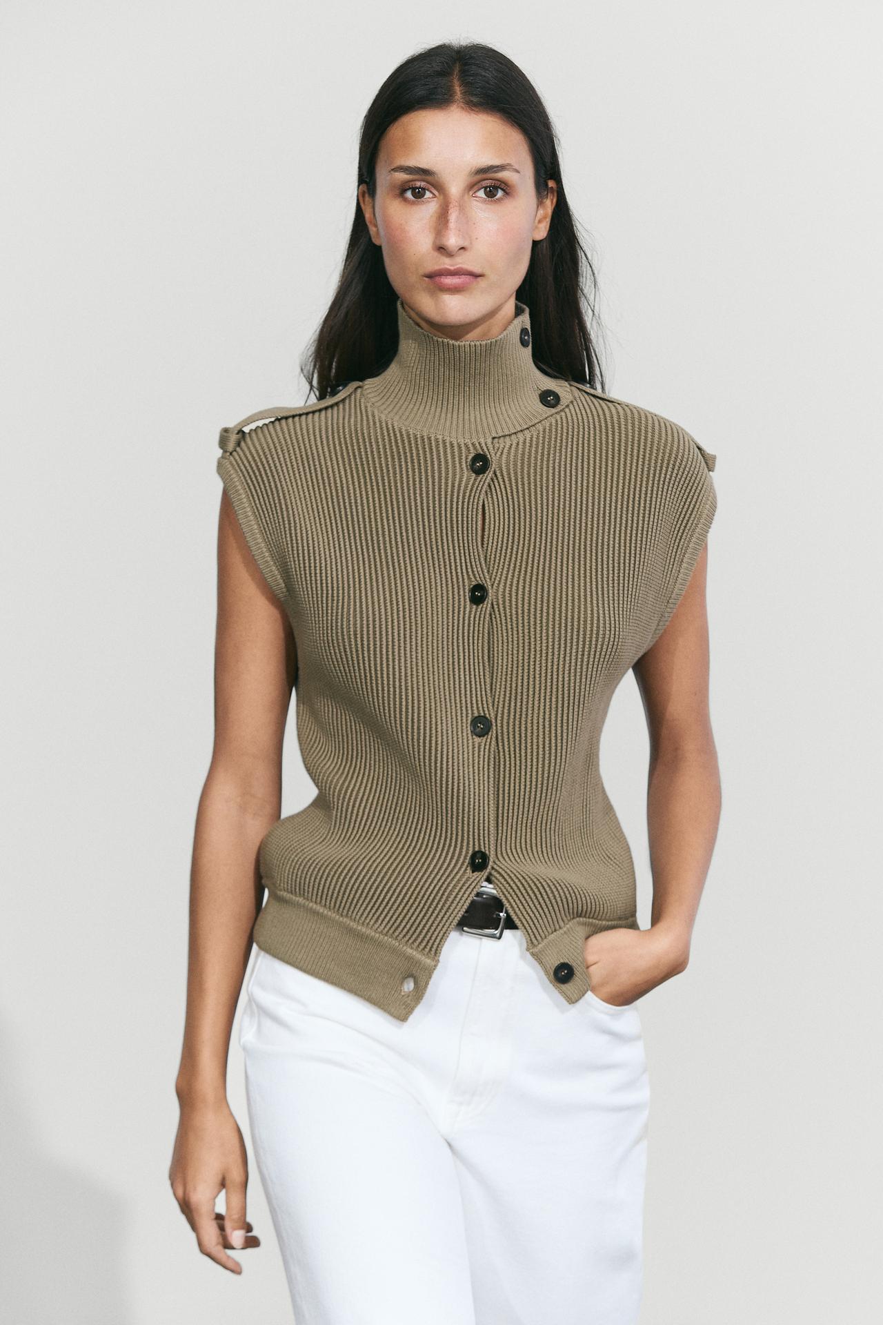 100% cotton high-neck knit vest — KHAKI