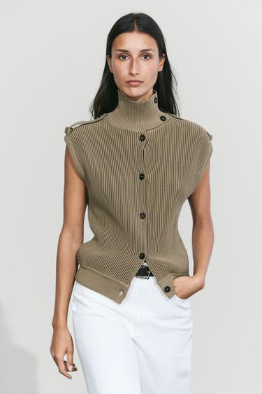 100% cotton high-neck knit vest — KHAKI 3