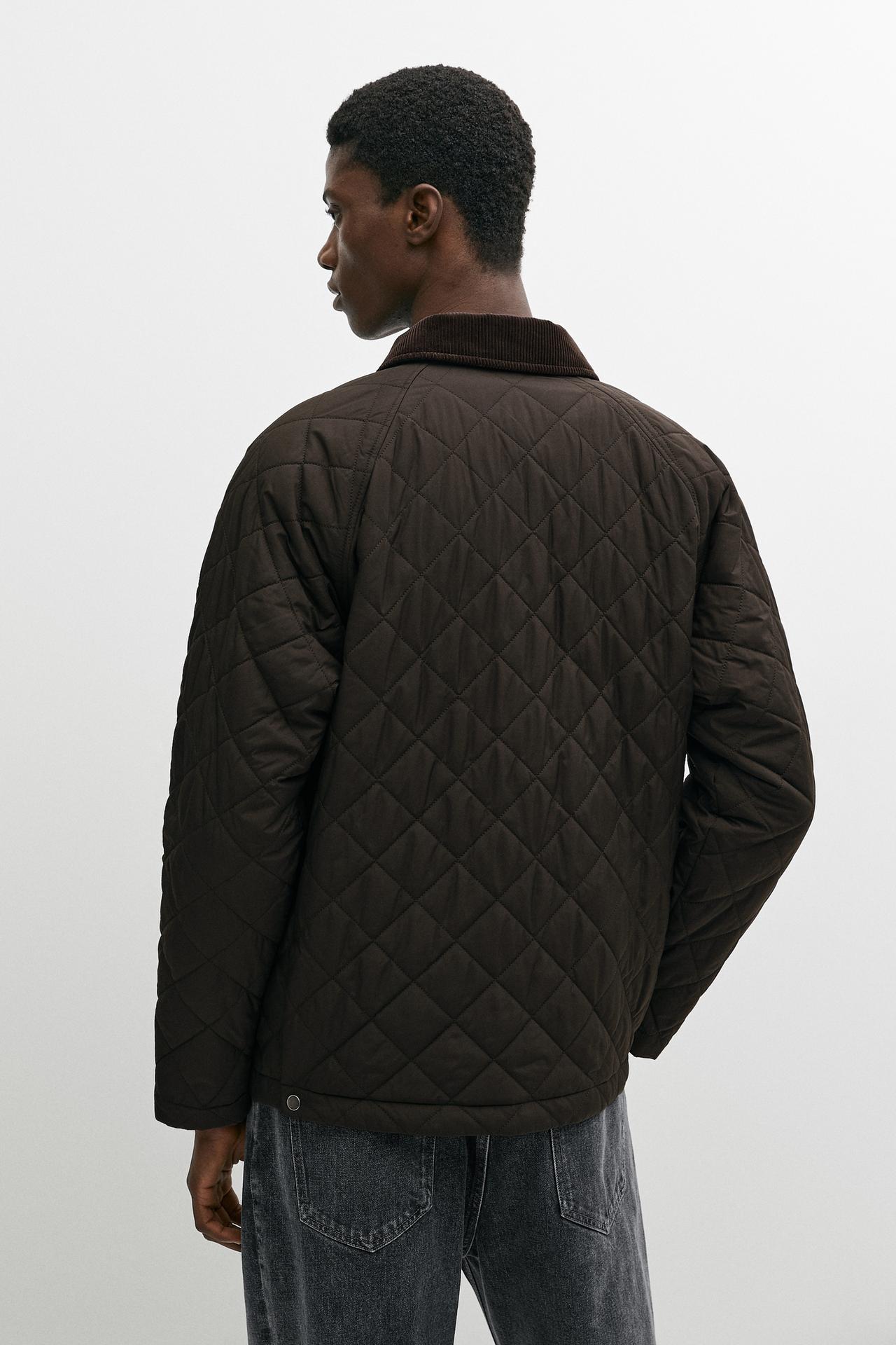 Quilted jacket with corduroy collar — BROWN MARL