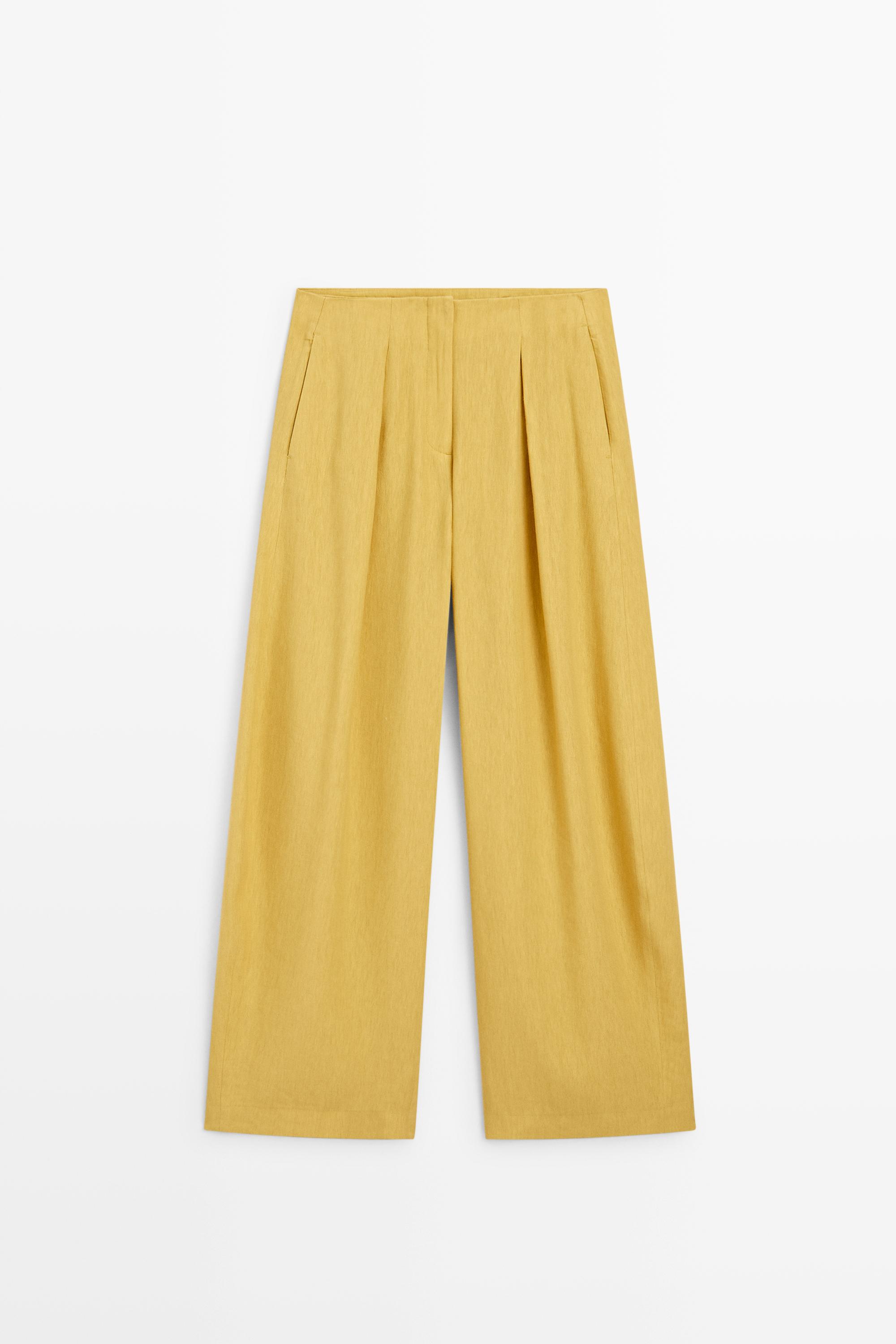 Wide-leg flowing linen blend pleated pants — MUSTARD YELLOW