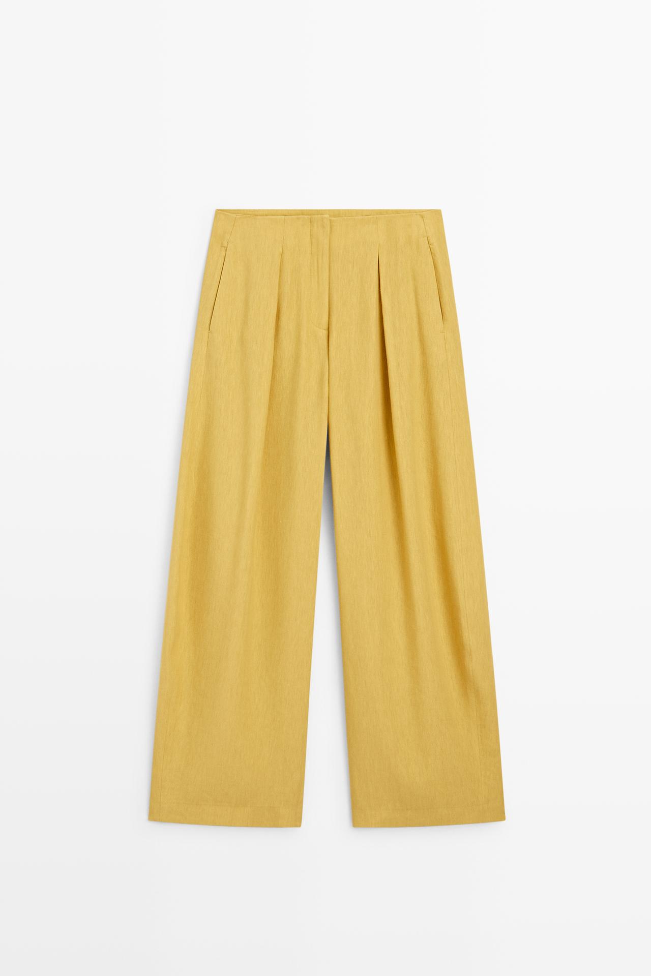 Wide-leg flowing linen blend pleated pants — MUSTARD YELLOW