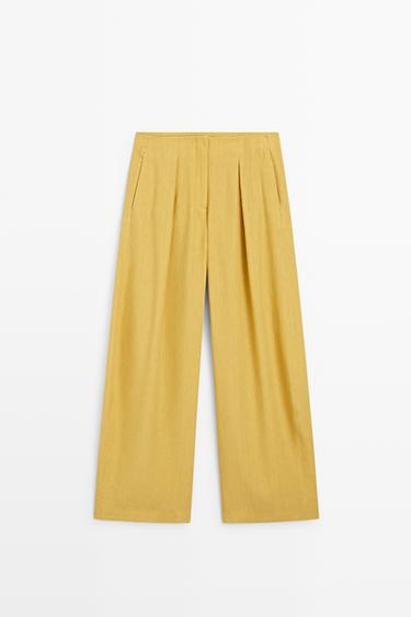 Wide-leg flowing linen blend pleated pants — MUSTARD YELLOW 2
