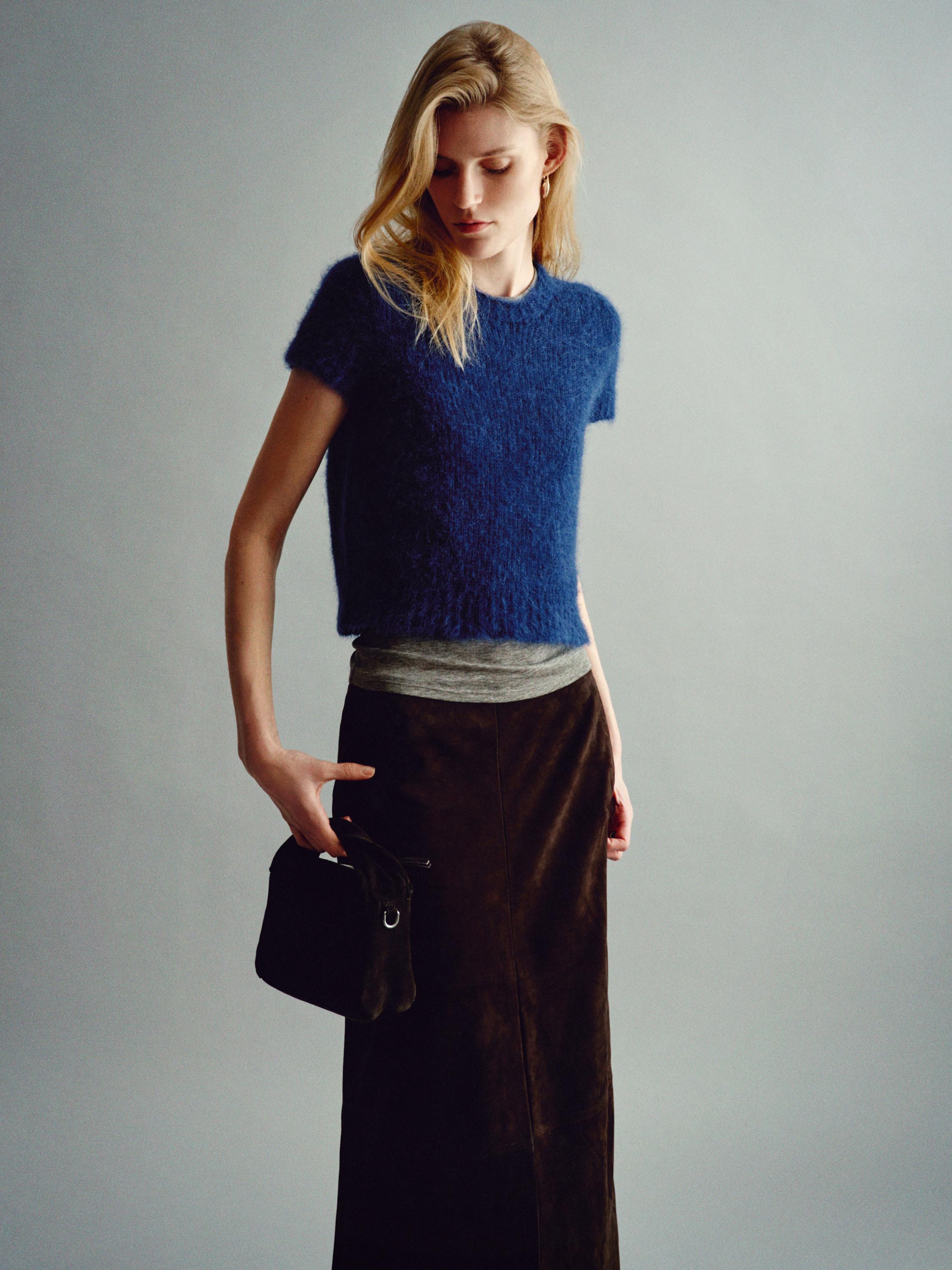 Short sleeve knit alpaca blend sweater — Dark Blue