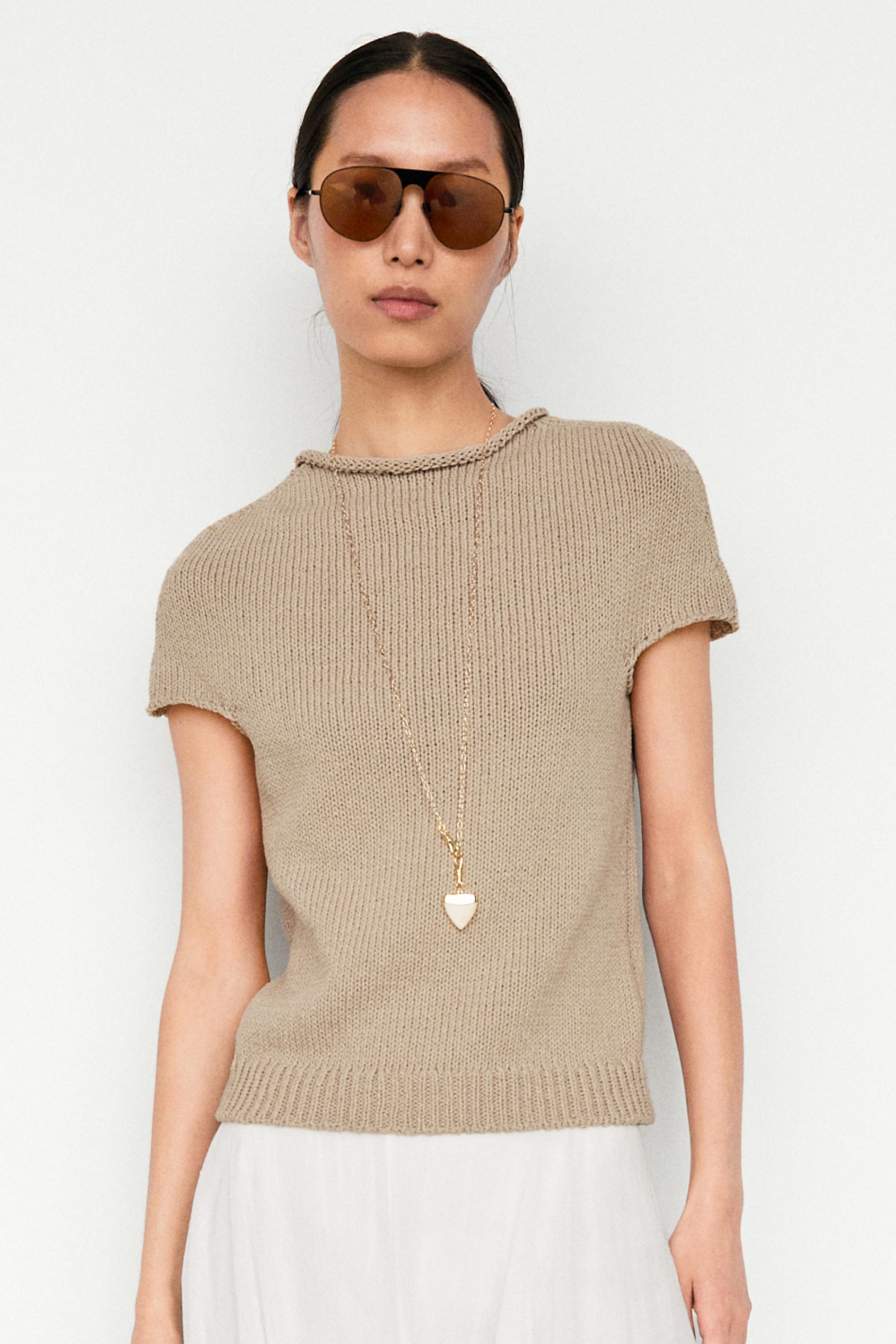 Cotton blend short sleeve rolled-neck sweater — BEIGE