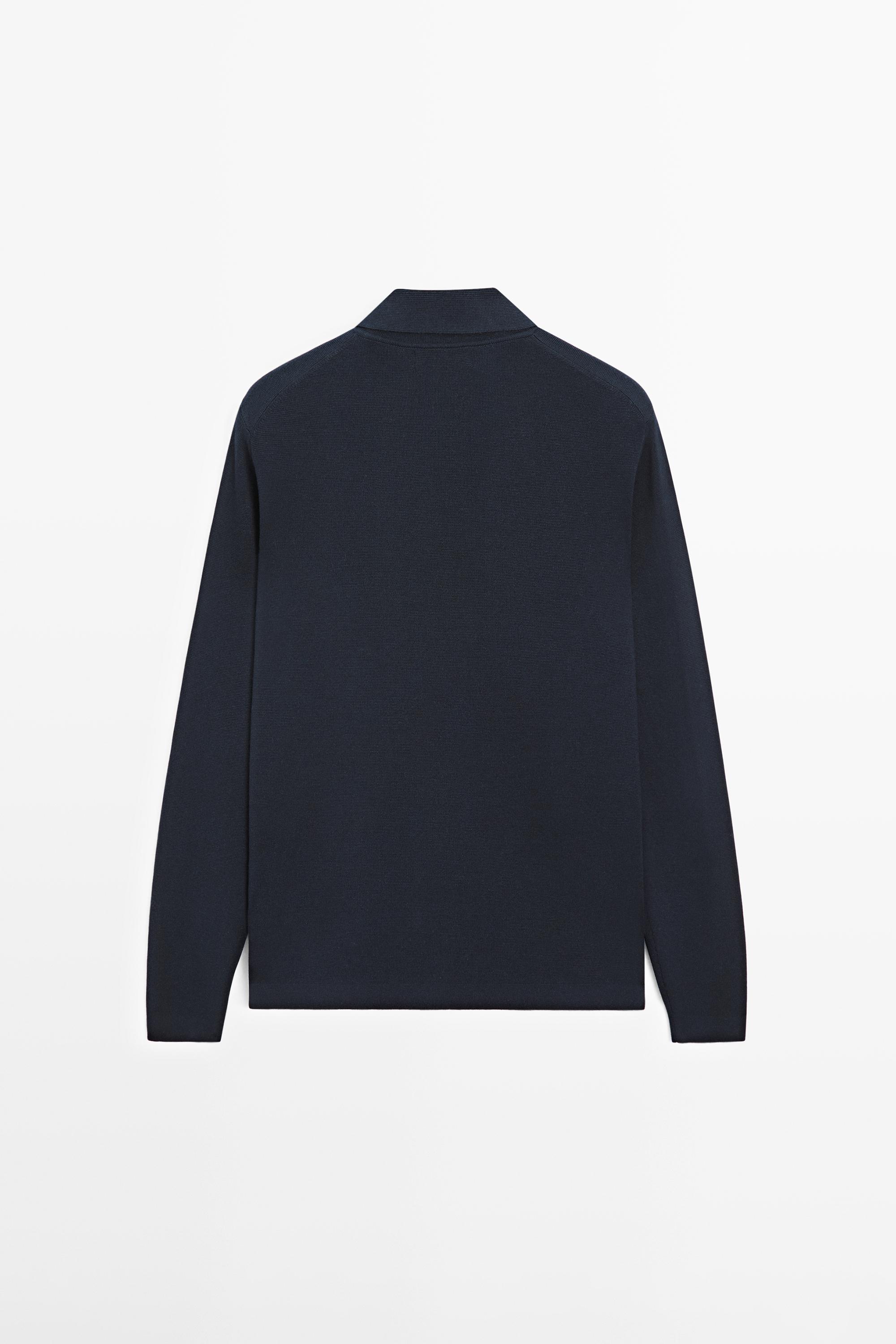 Cotton blend zip-up knit polo sweater — NAVY BLUE