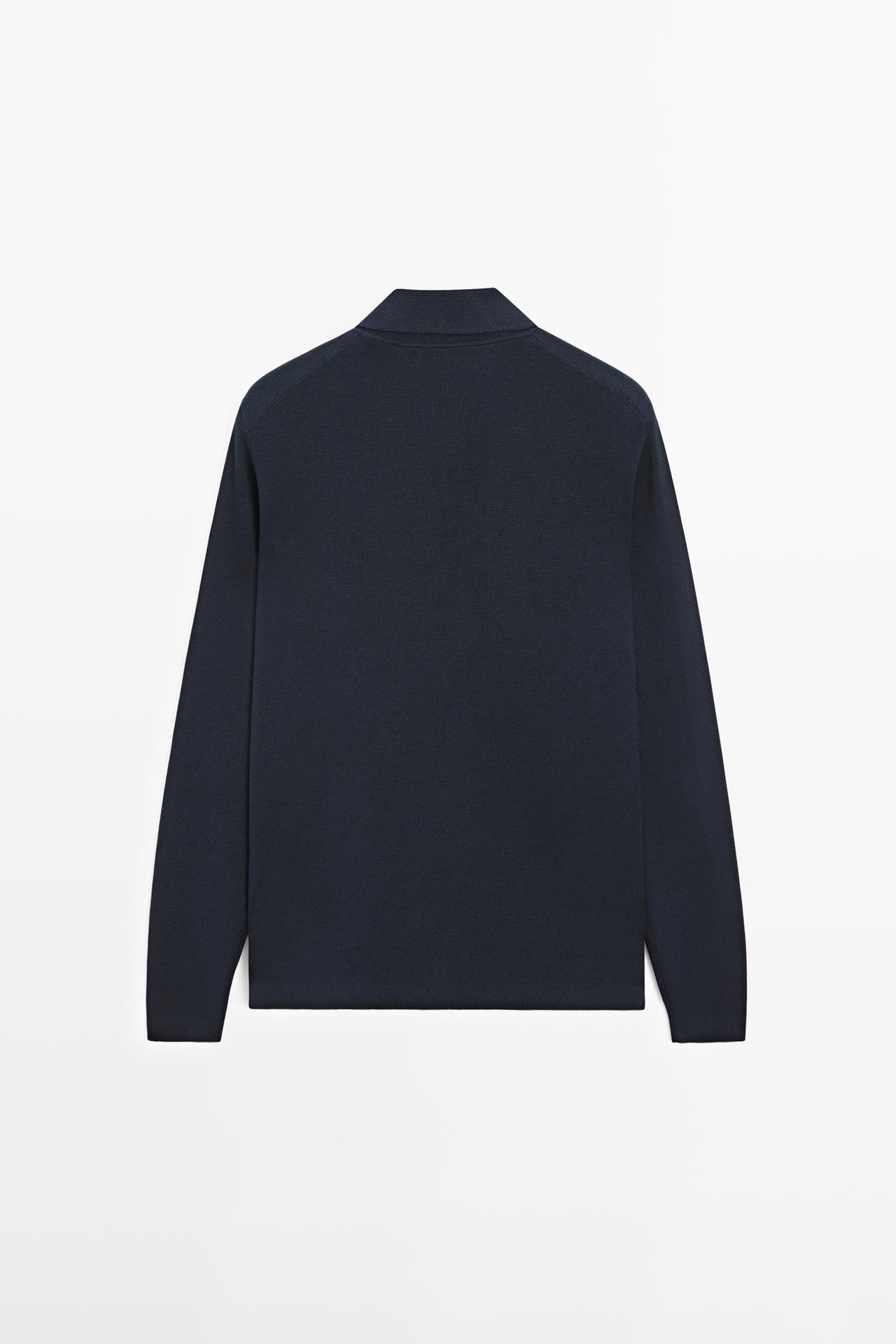 Cotton blend zip-up knit polo sweater — NAVY BLUE