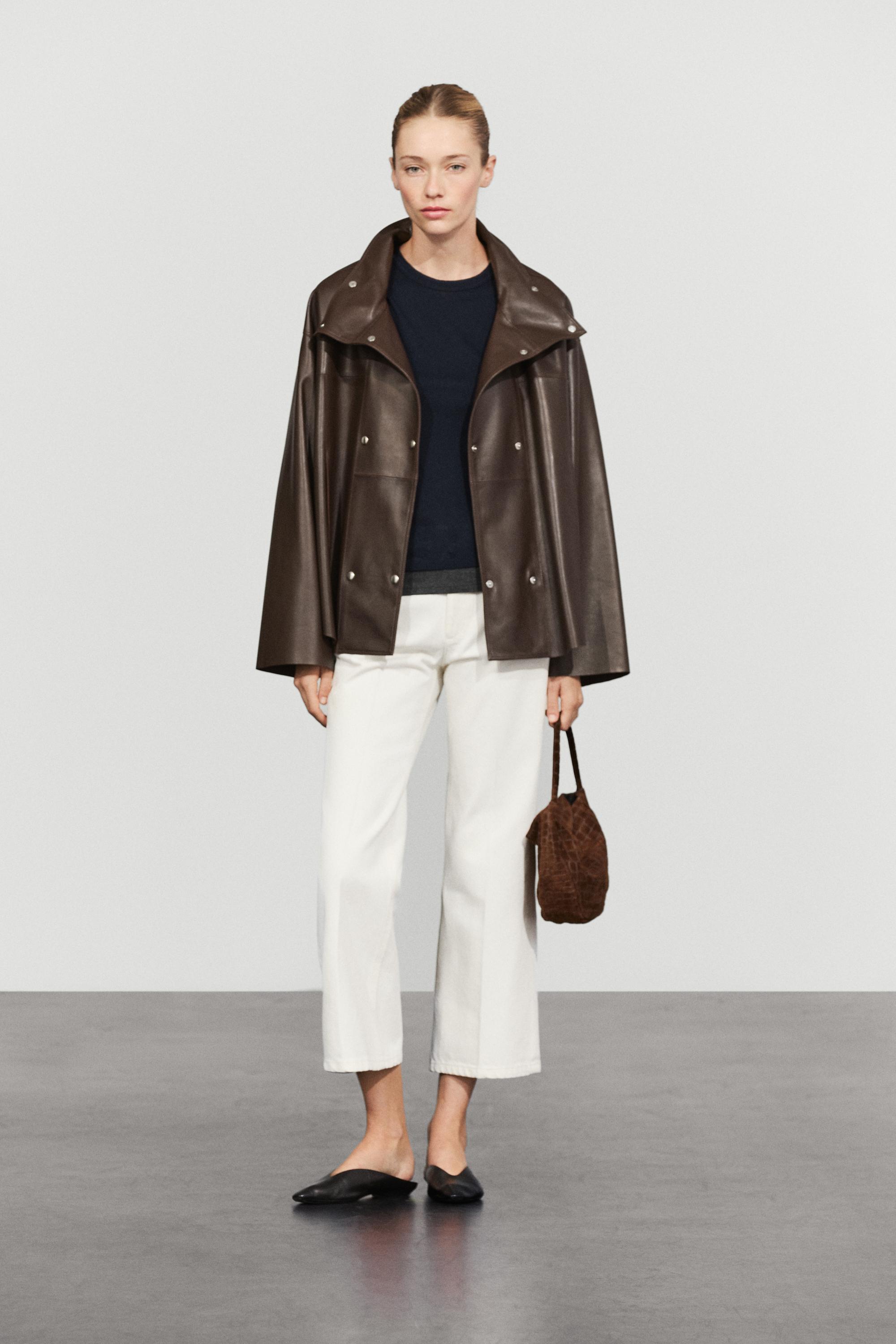 Nappa leather button-placket jacket — BROWN