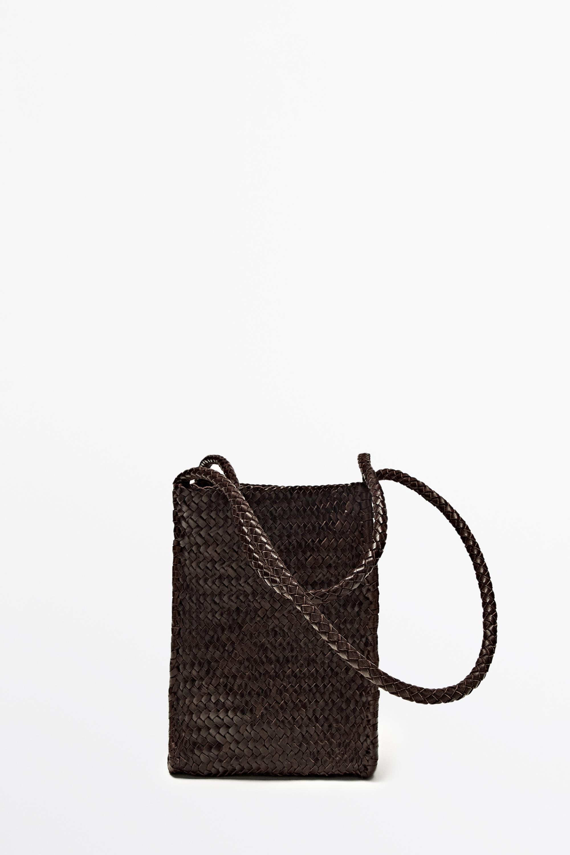 Nappa leather woven bucket bag — BROWN