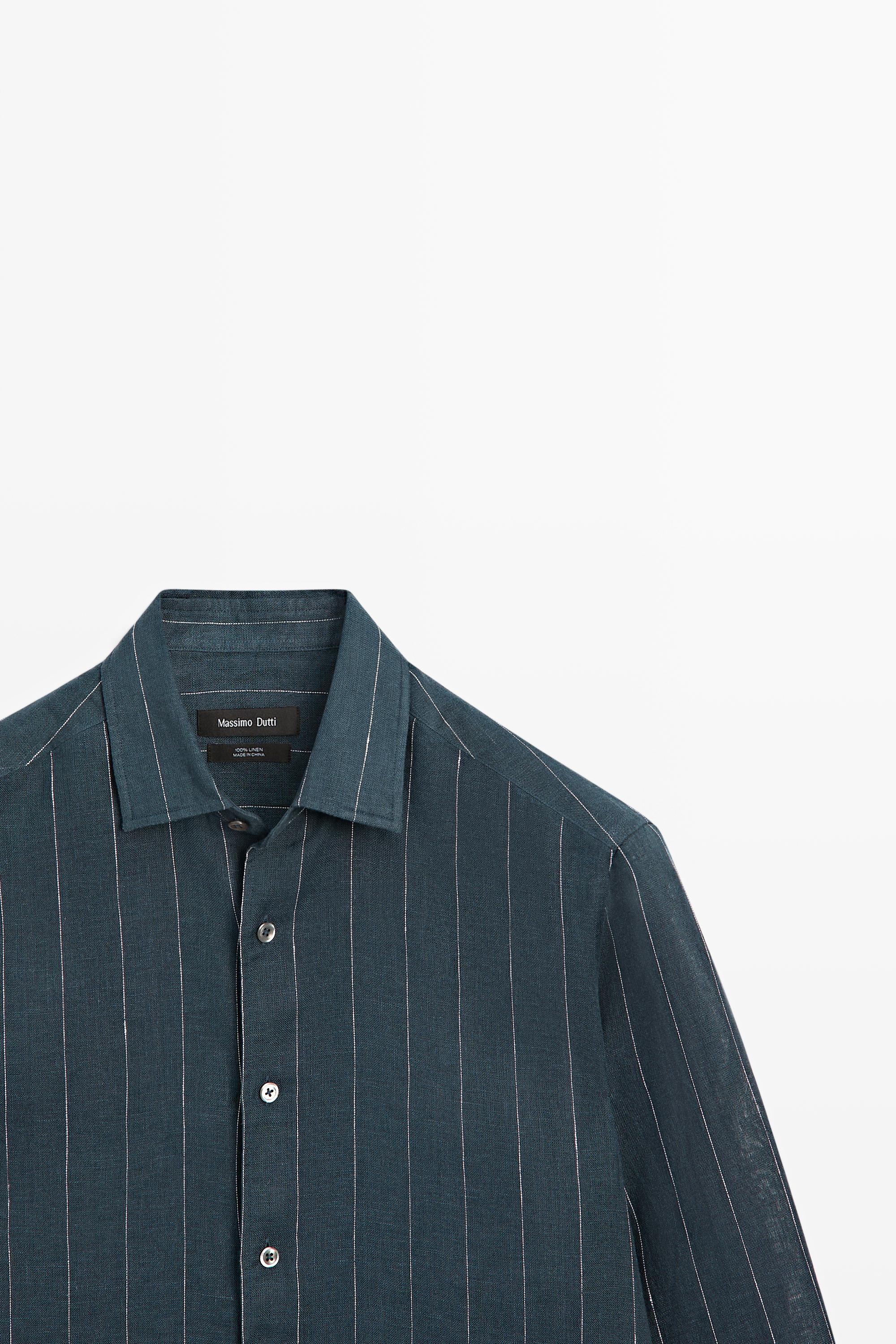 Regular fit striped 100% linen shirt — PETROL BLUE