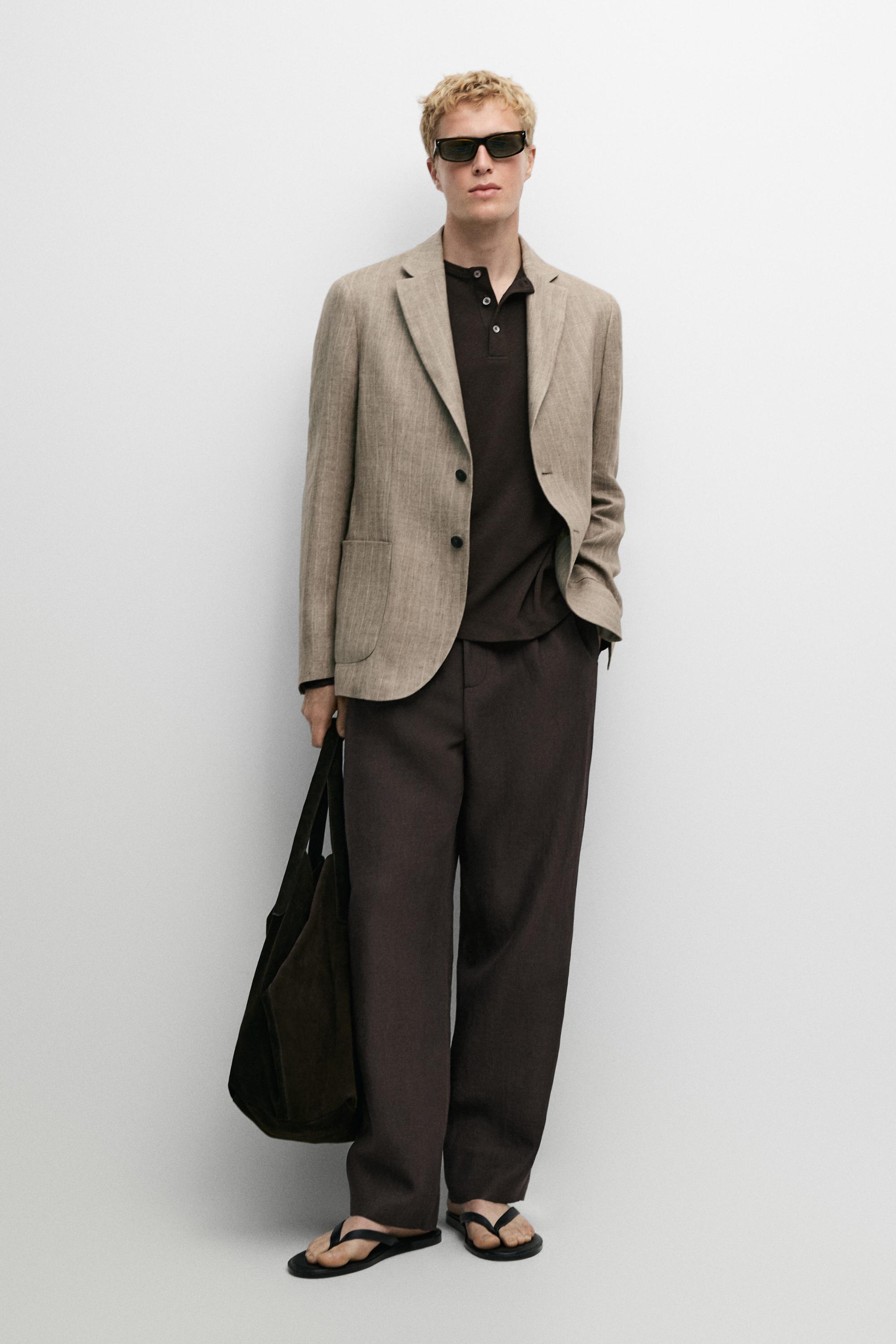 Linen herringbone stripe blazer — BEIGE