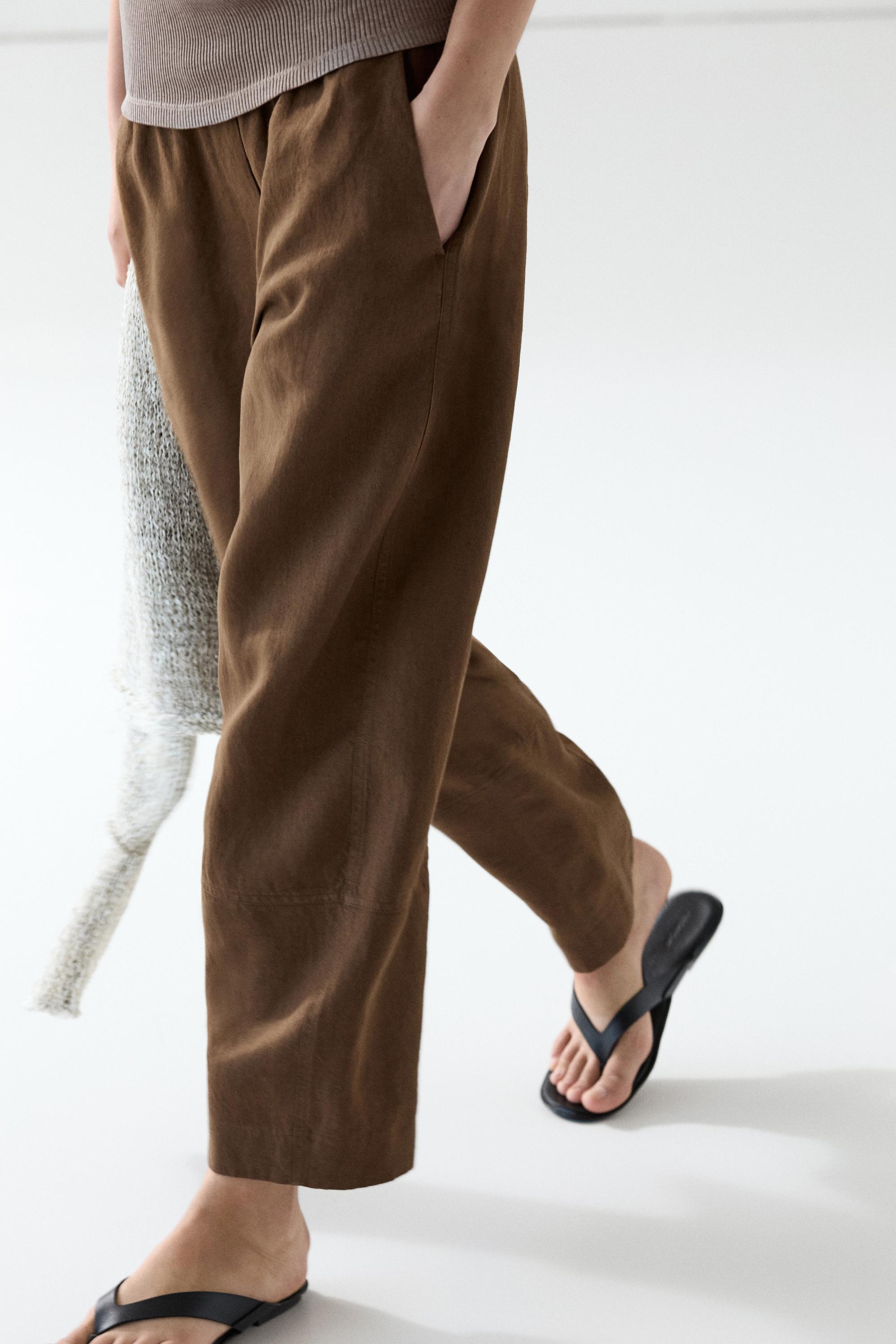 Linen pants with elastic waistband detail — BROWN