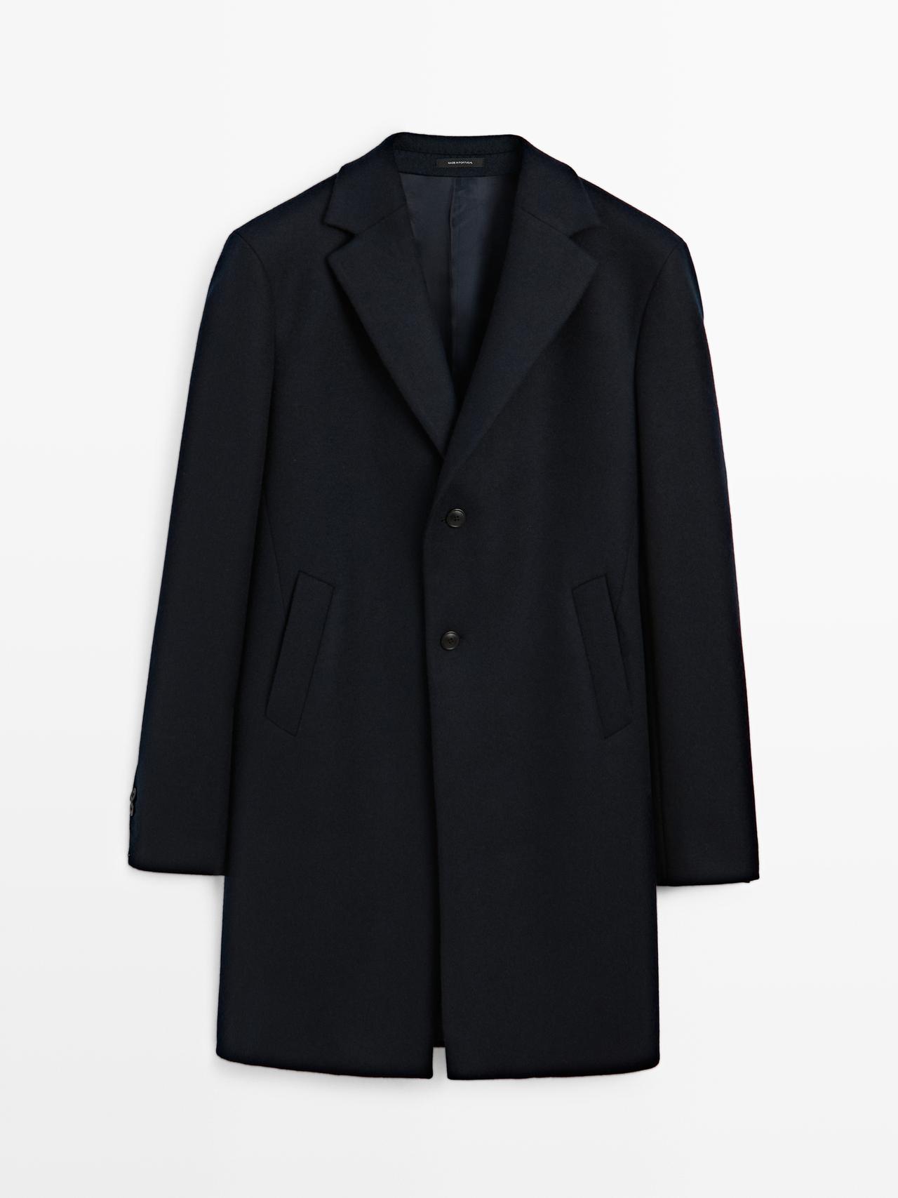 Massimo Dutti - Herre - Lang Frakke I 100 % Uld Med Reverskrave - Marineblå - M