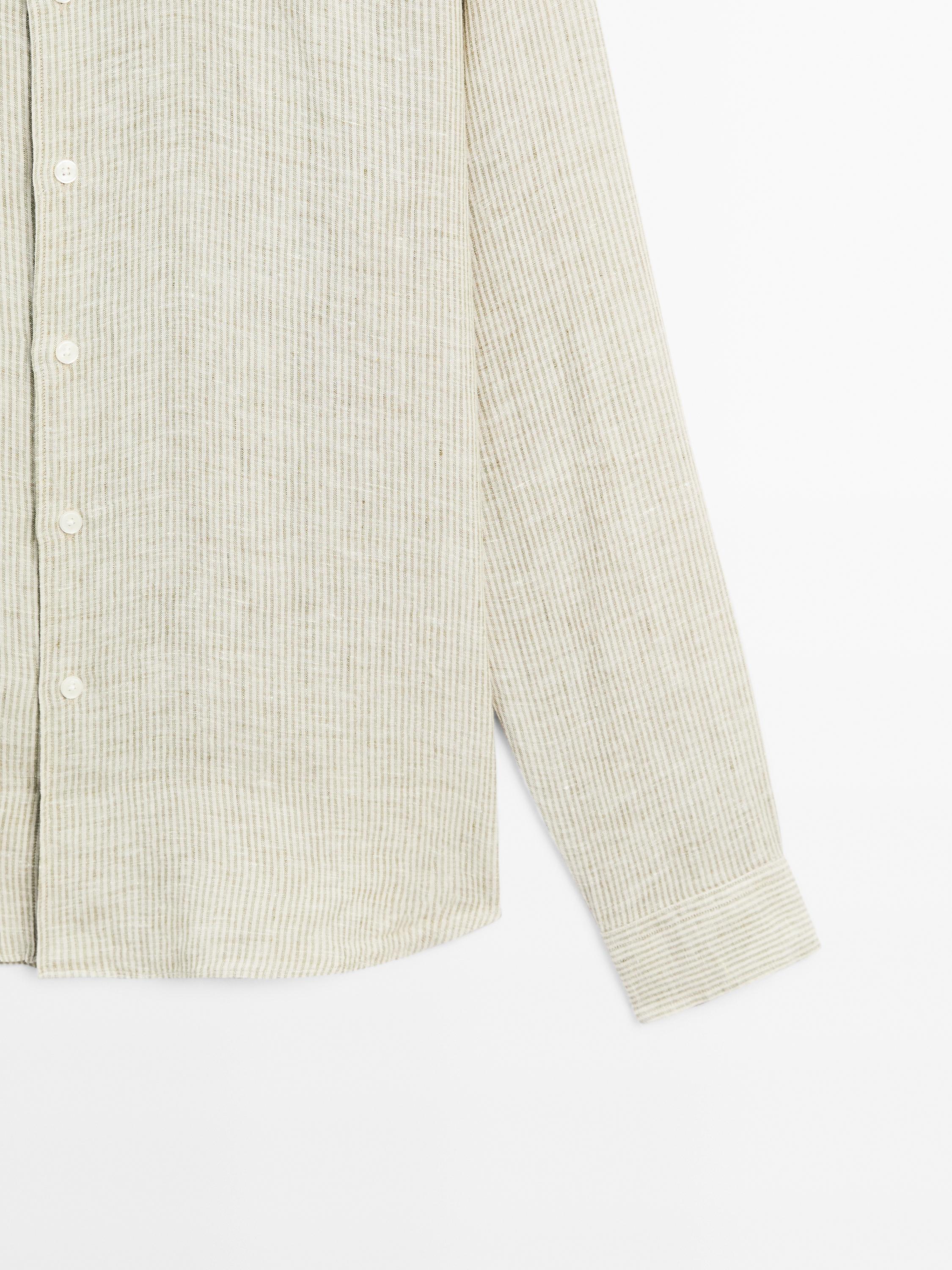 100% linen striped shirt with stand collar