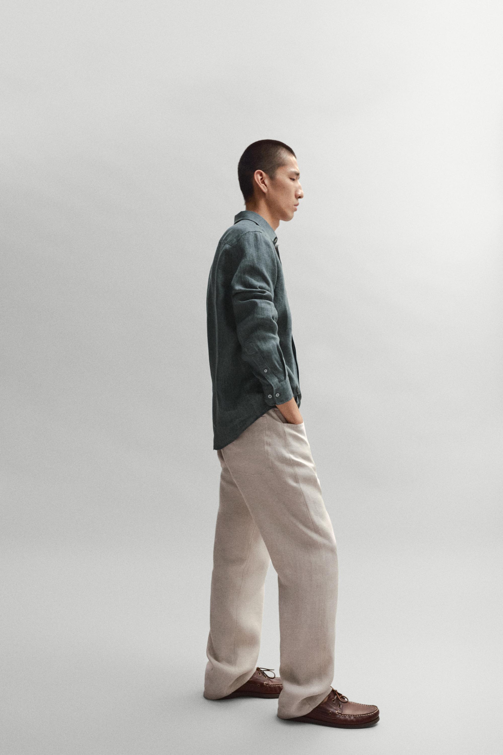 Regular fit linen shirt with placket — DARK BLUE