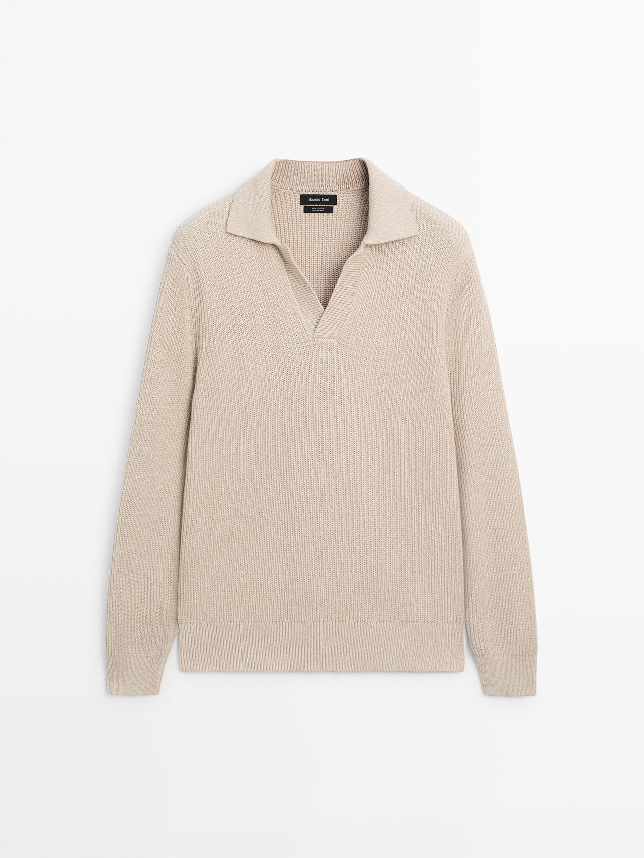 Massimo Dutti - Herre - Polosweater I Strik Af Bomuld - Råhvid - Xl