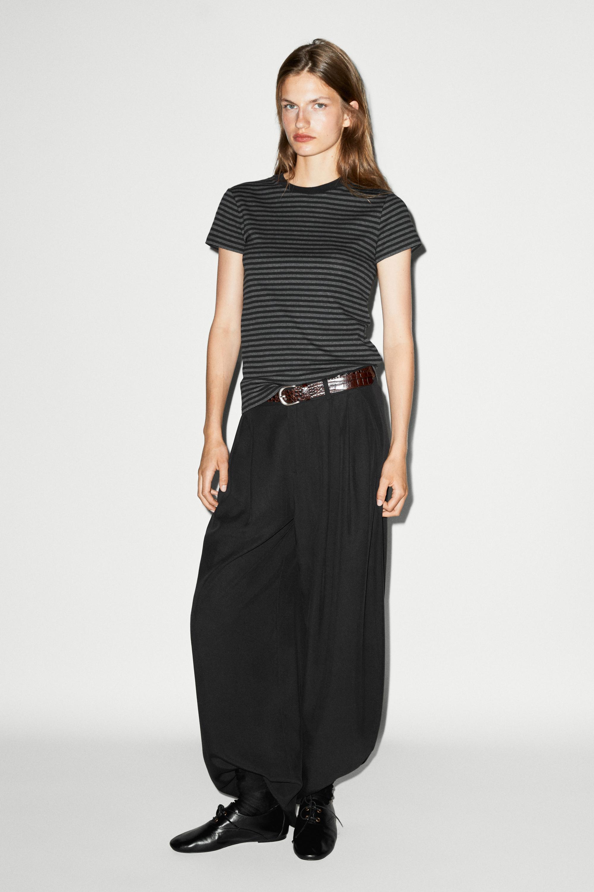 Ribbed striped short sleeve T-shirt — BLACK