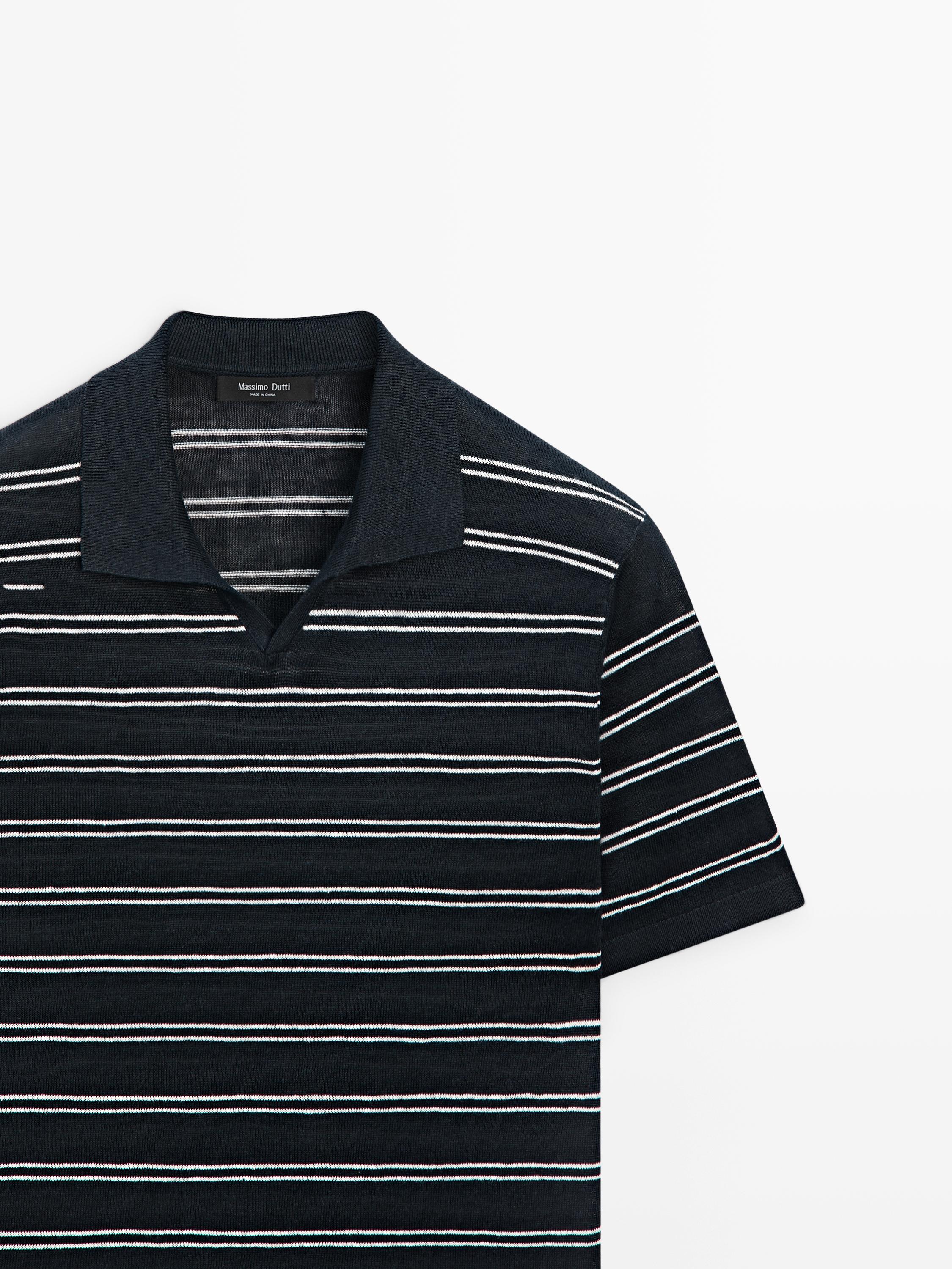 Striped 100% linen V-neck polo shirt — NAVY BLUE