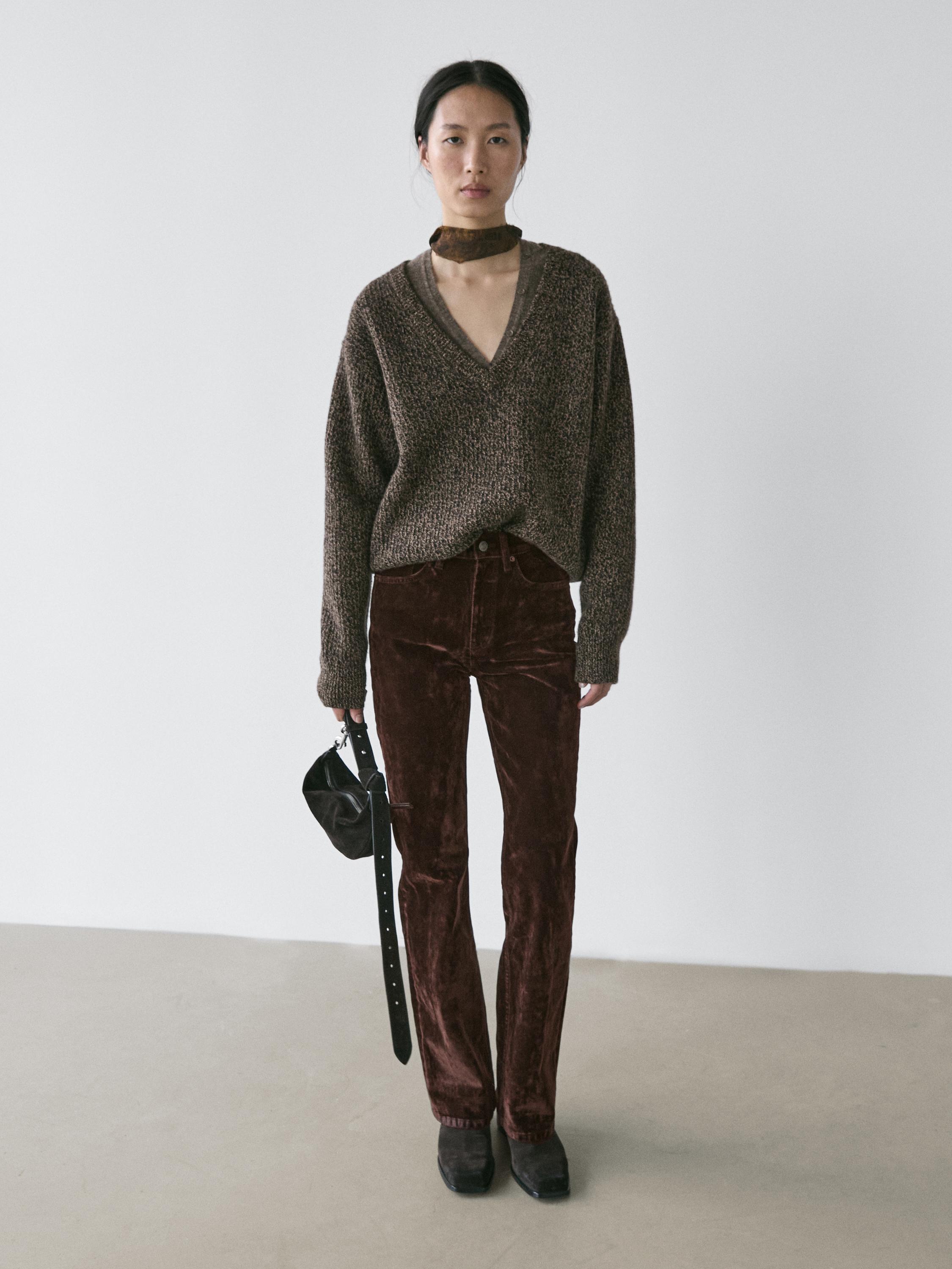 High-waist flocked boot-cut jeans — Chocolate