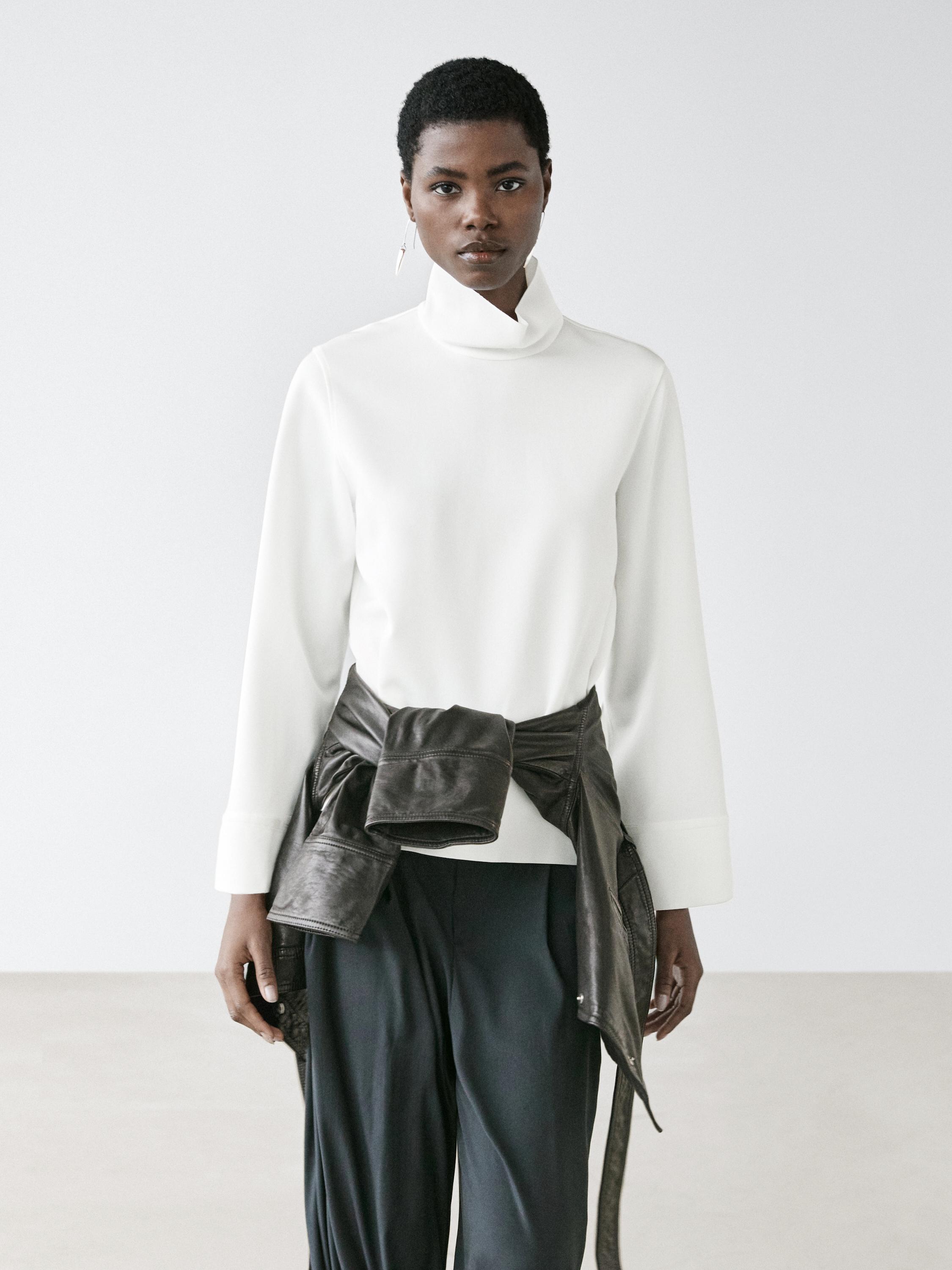 High neck blouse with hem detail — WHITE