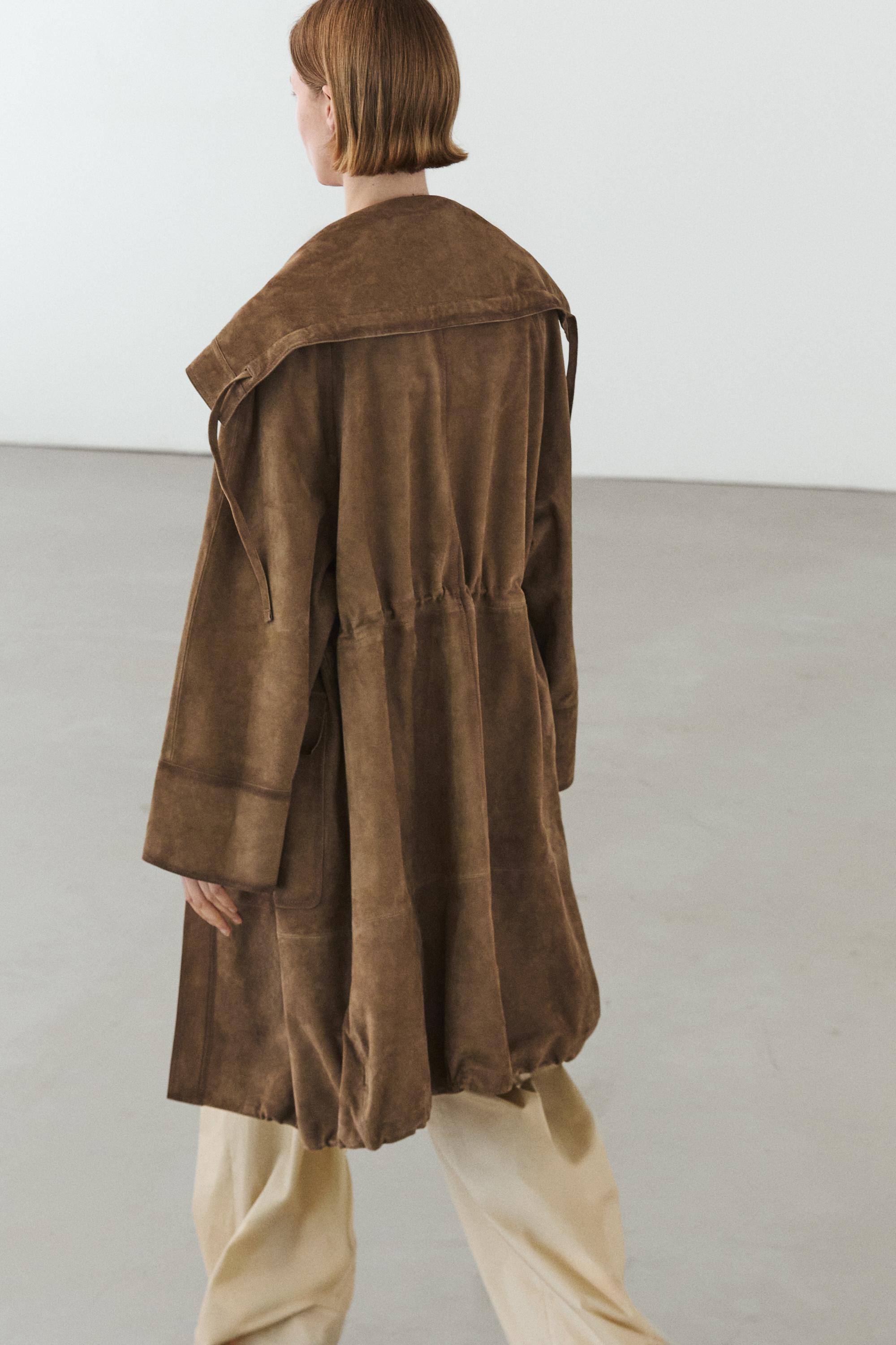 Suede leather high neck parka — Washed