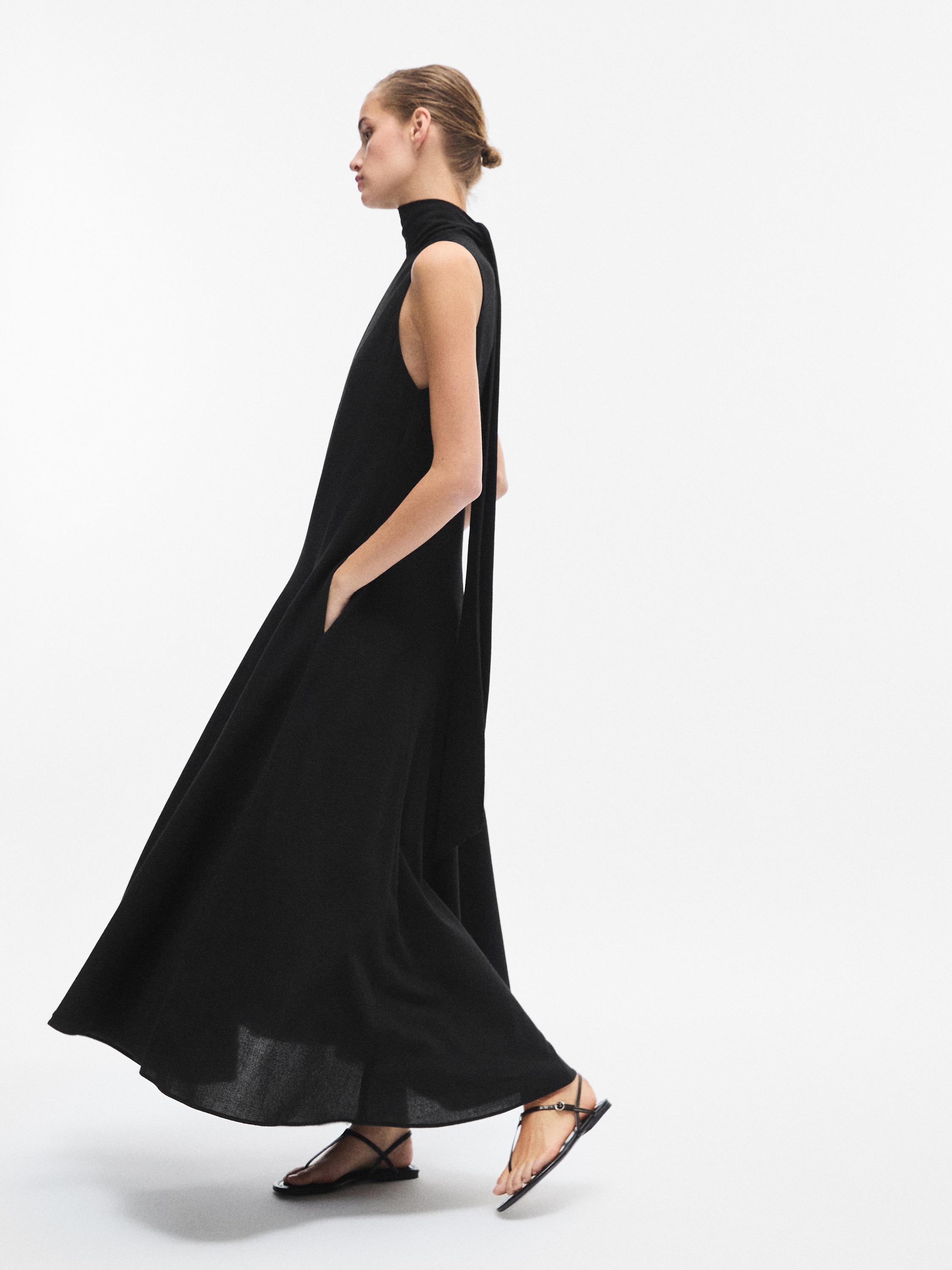 Halter neck midi dress with tie detail — BLACK