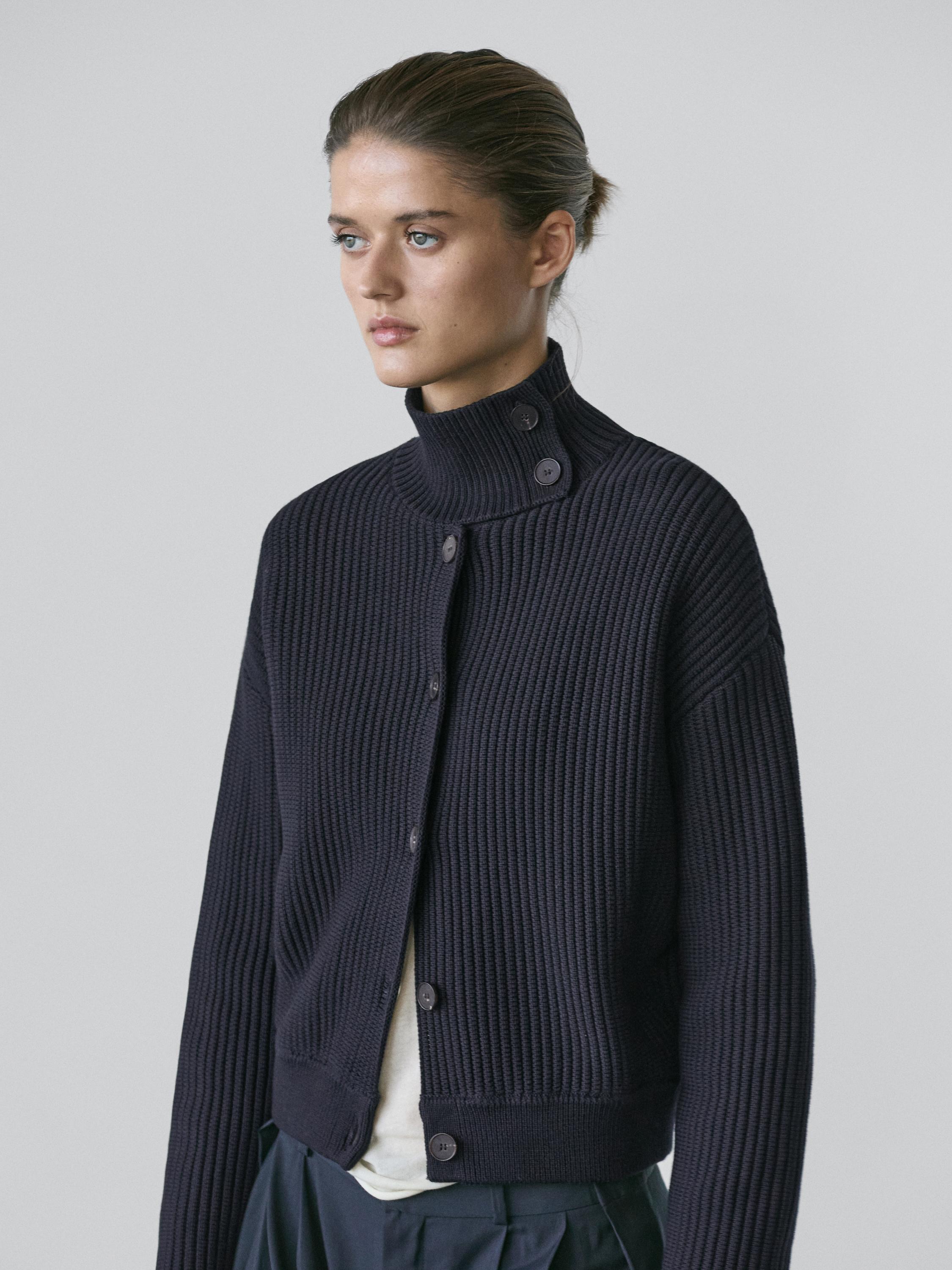 High-neck cotton knit cardigan