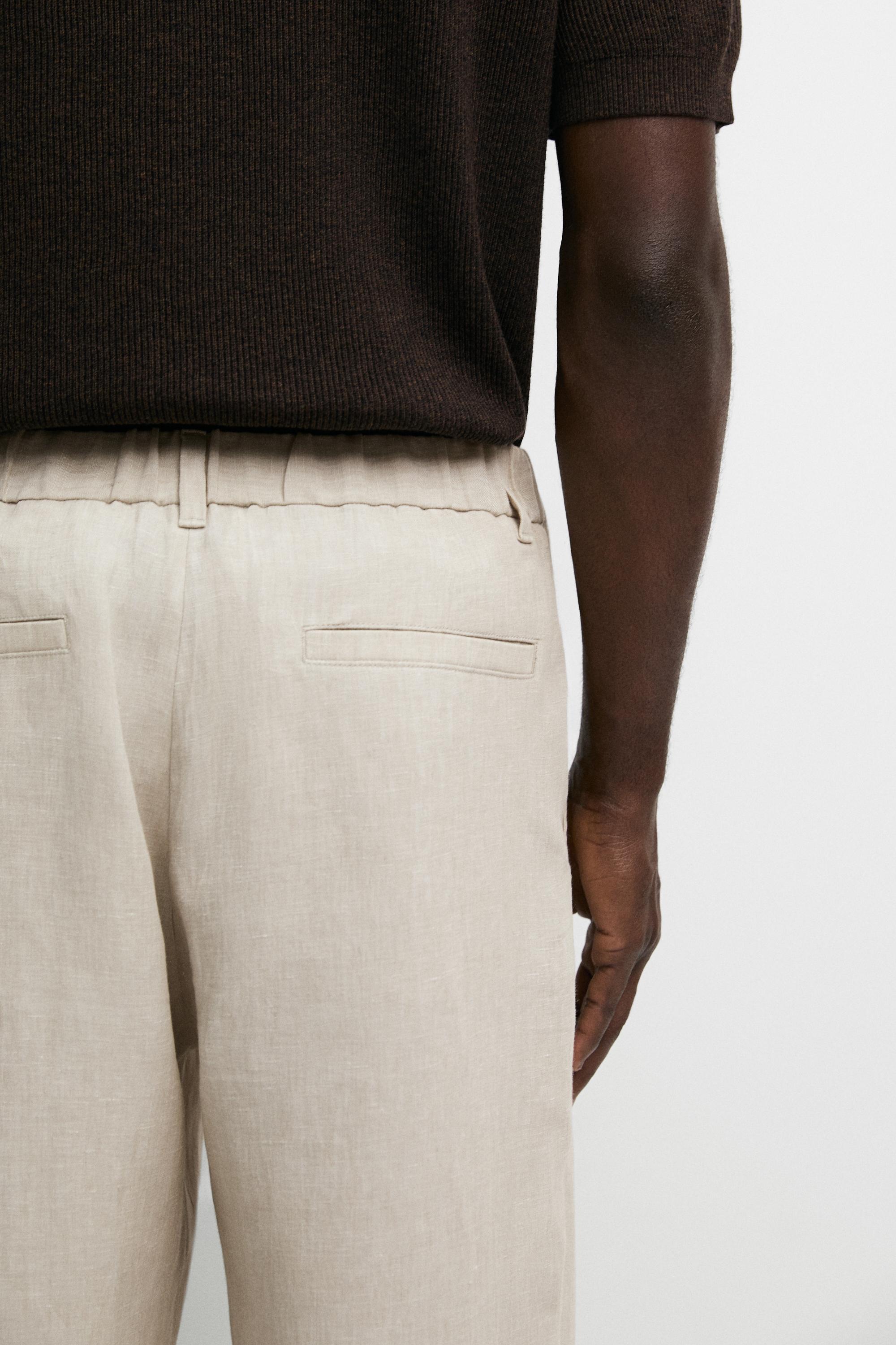 100% Linen Elastic-Waist Pants — BEIGE