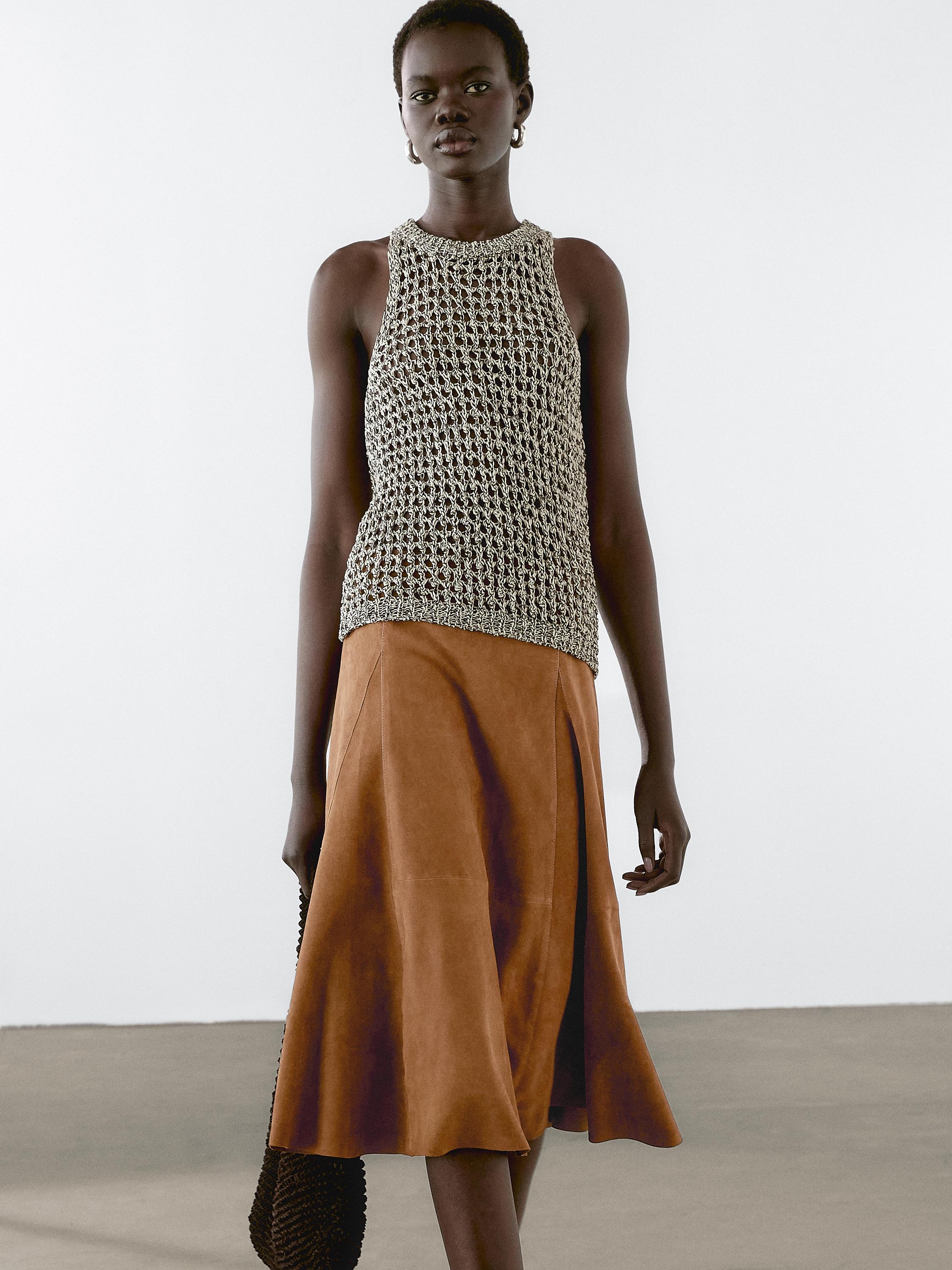 Suede leather flared midi skirt