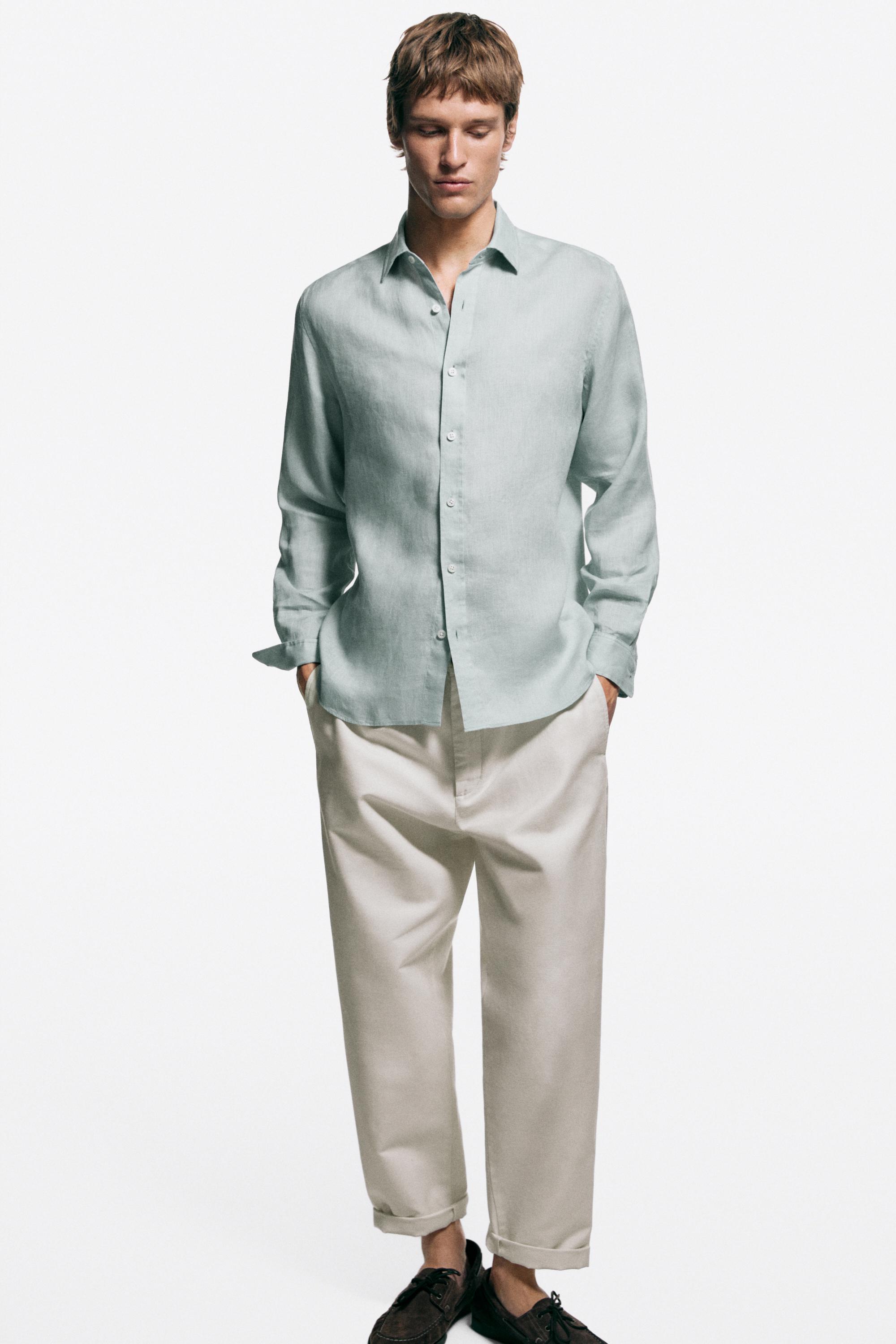 100% linen slim fit shirt — PALE GREEN